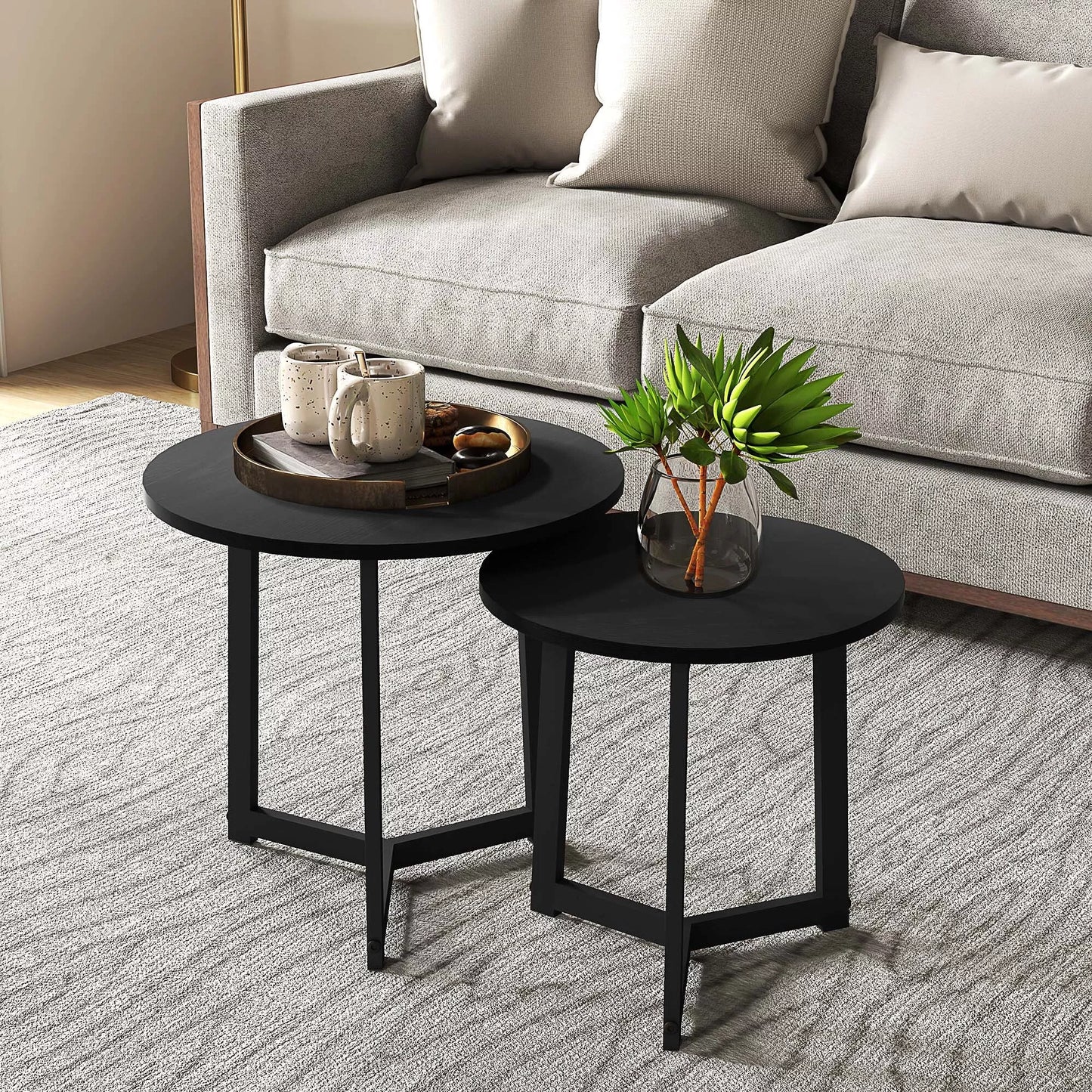Modernus kavos staliukas, 2 vnt. rinkinys, metalinis rėmas, MDF, apvalus dizainas, sujungiami vienas su kitu, juodos spalvos