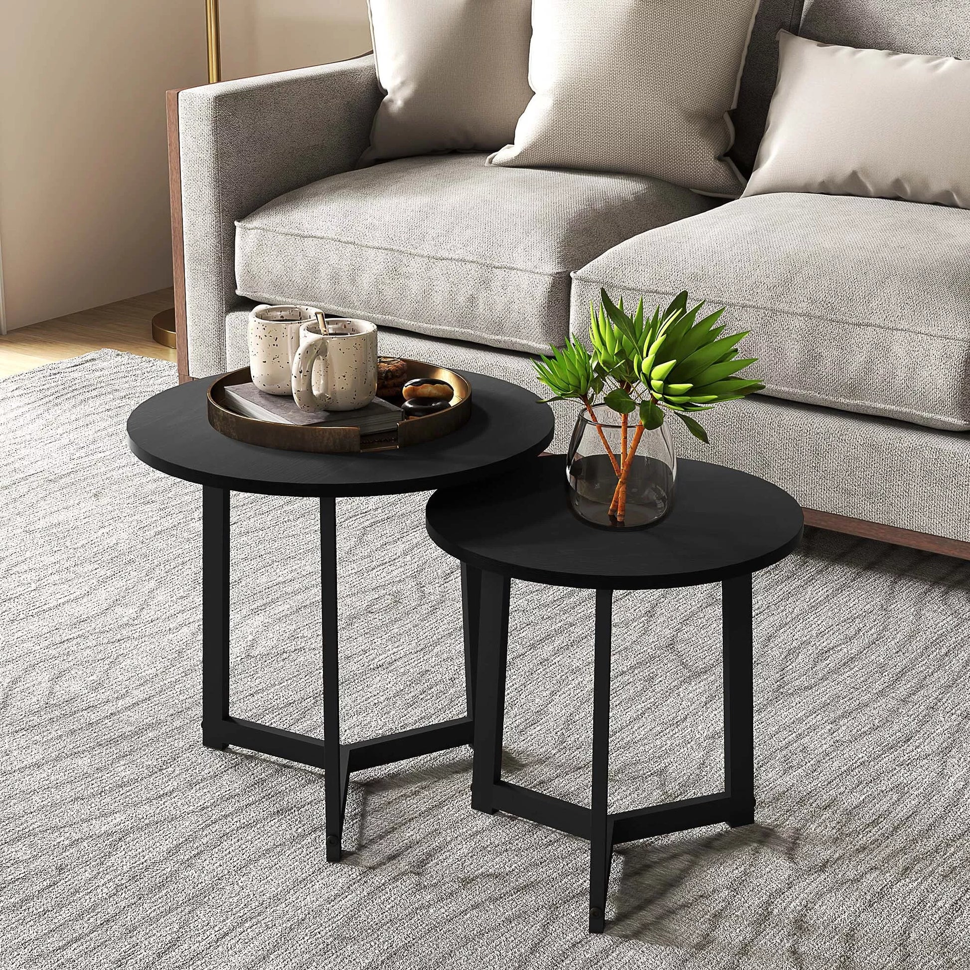 Modernus kavos staliukas, 2 vnt. rinkinys, metalinis rėmas, MDF, apvalus dizainas, sujungiami vienas su kitu, juodos spalvos