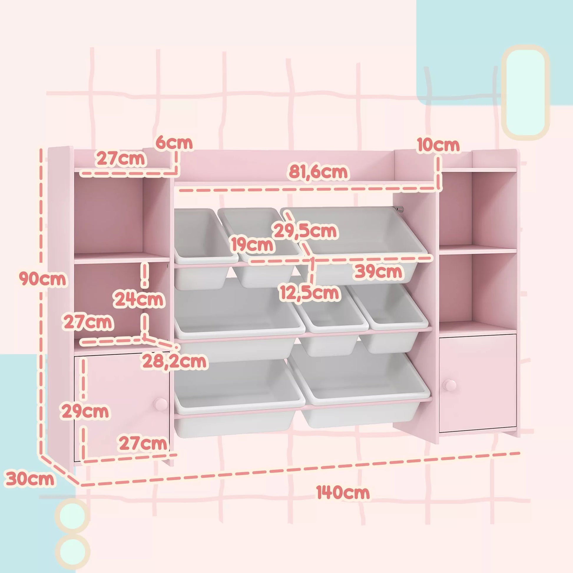 Vaikų daiktų laikymo lentynos, lentynos žaislams ir knygoms, tvarkingam daiktų laikymui, 8 išimamos dėžės, rožinės spalvos
