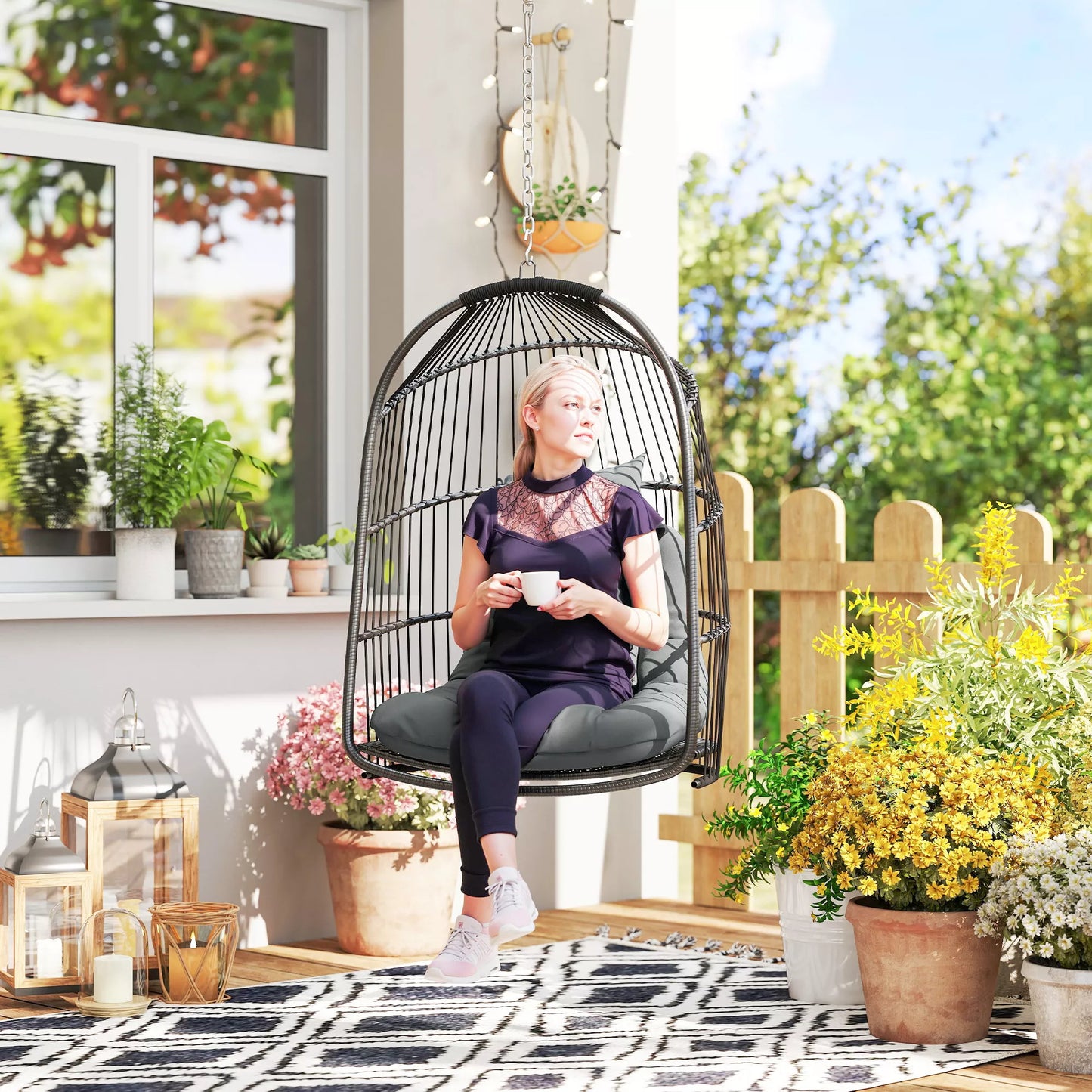 Kabamasis krėslas, pakabinamas hamakas su pagalvėle, poliratano sūpynės, skirtas laukui ir vidaus patalpoms, sulankstomas, atlaiko iki 150kg, tamsiai pilkos spalvos