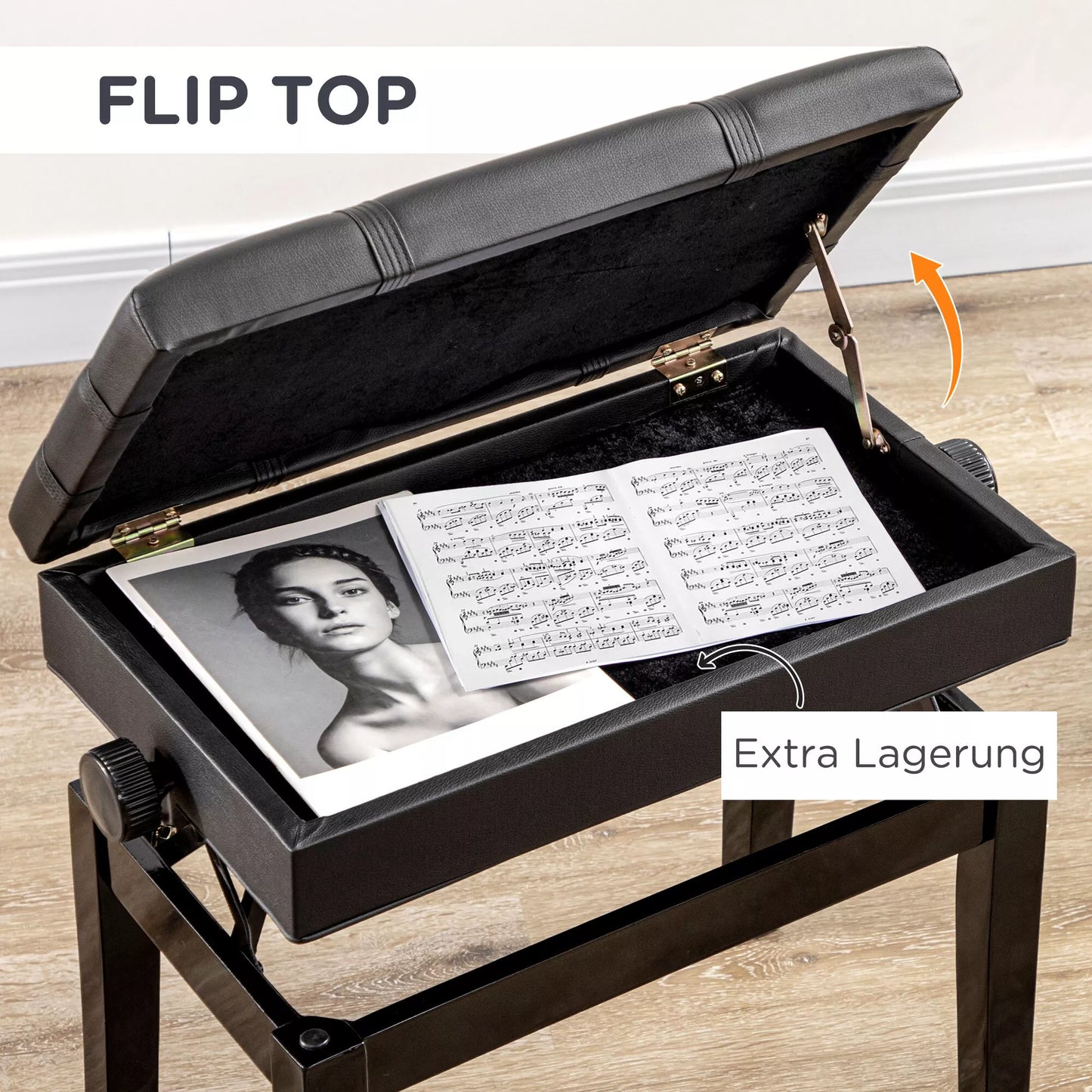 Pianino suolas su paslėpta daiktadėže, reguliuojamo aukščio, dirbtinė oda, juoda