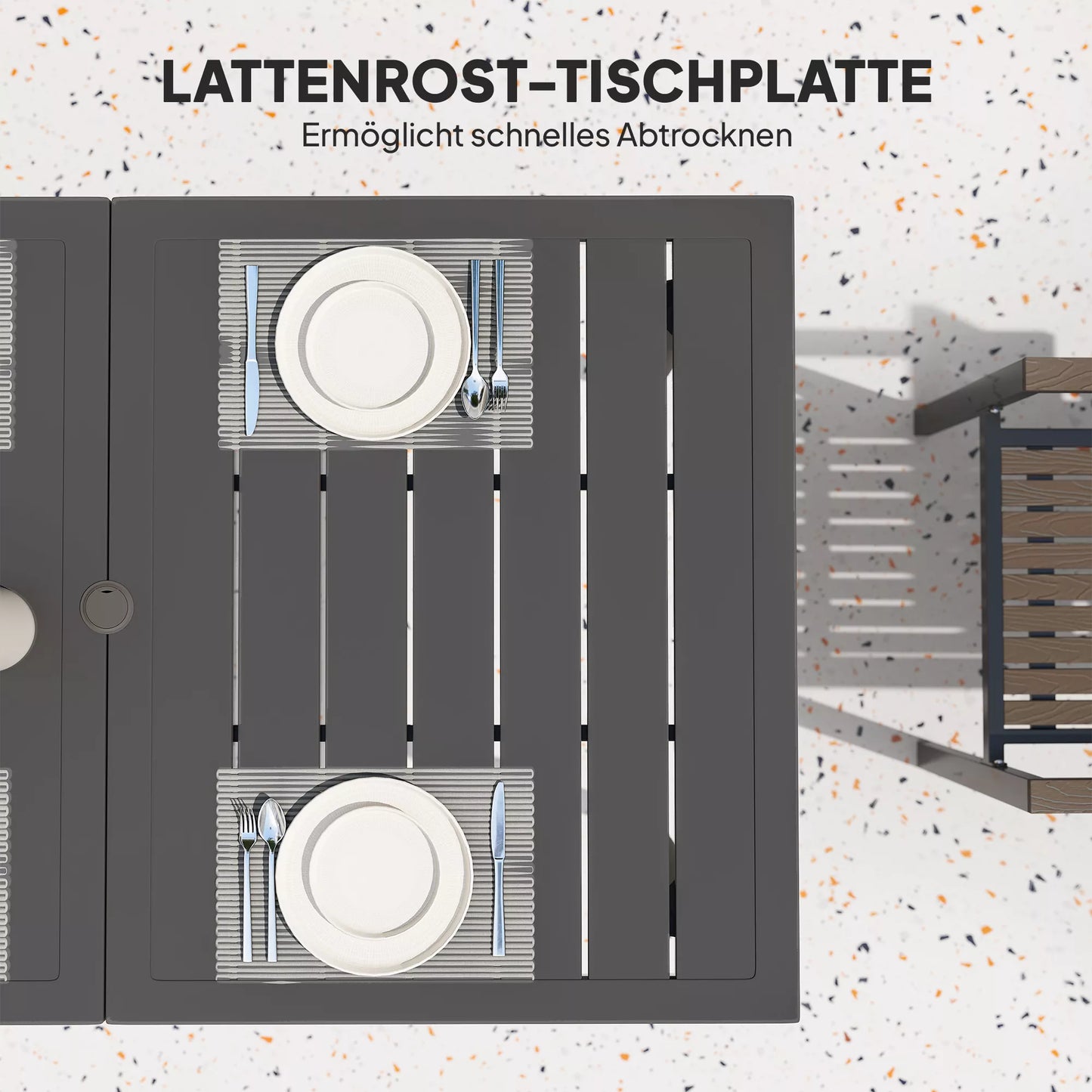 Sodo stalas 150x90 cm, atsparus atmosferos poveikiui, balkono stalas iš plieno, balkono stalas su skėčio skyle, juodos spalvos