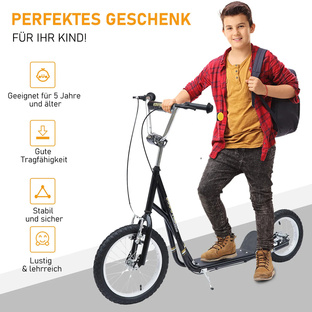 Vaikų paspirtukas 16/12 colių paspirtukas su stabdžiais Miesto paspirtukas Kickboard Vaikų paspirtukas vaikams nuo 5 metų Juodas 135 x 58 x 92-100 cm