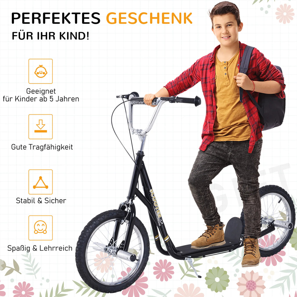 Vaikų paspirtukas su pneumatinėmis padangomis Kickscooter Scooter Paspirtukas Miesto paspirtukas vaikams Kickboard 16 colių nuo 5 metų Aukščio reguliavimas Juodas 143 x 58 x 92-100 cm