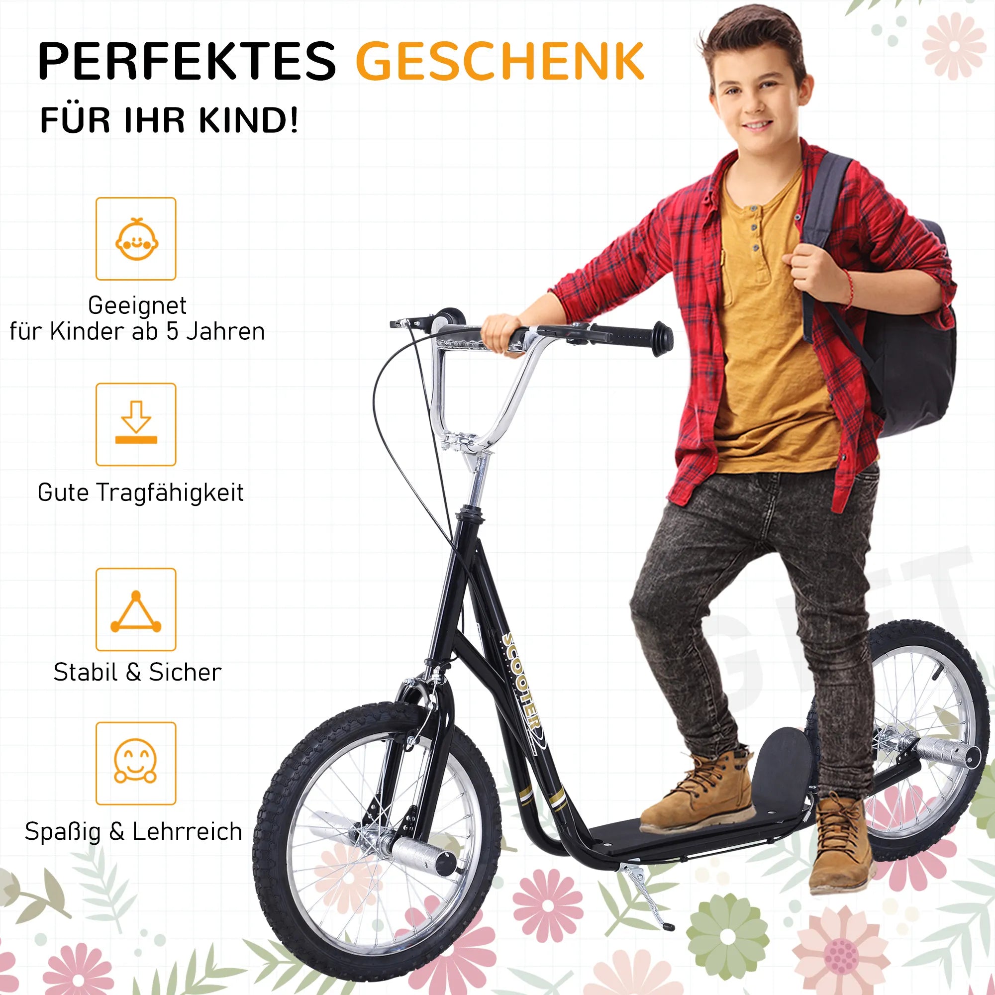 Vaikų paspirtukas su pneumatinėmis padangomis Kickscooter Scooter Paspirtukas Miesto paspirtukas vaikams Kickboard 16 colių nuo 5 metų Aukščio reguliavimas Juodas 143 x 58 x 92-100 cm