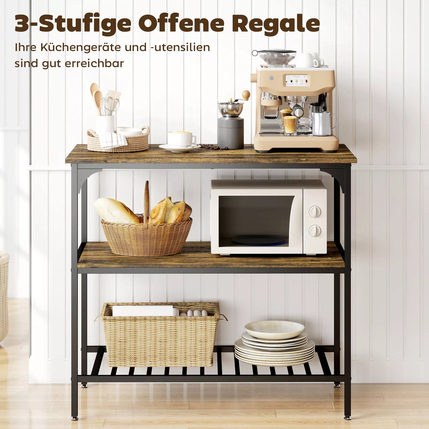 Virtuvės lentyna, 3 pakopų su plieniniu rėmu, rustiška ruda+juoda