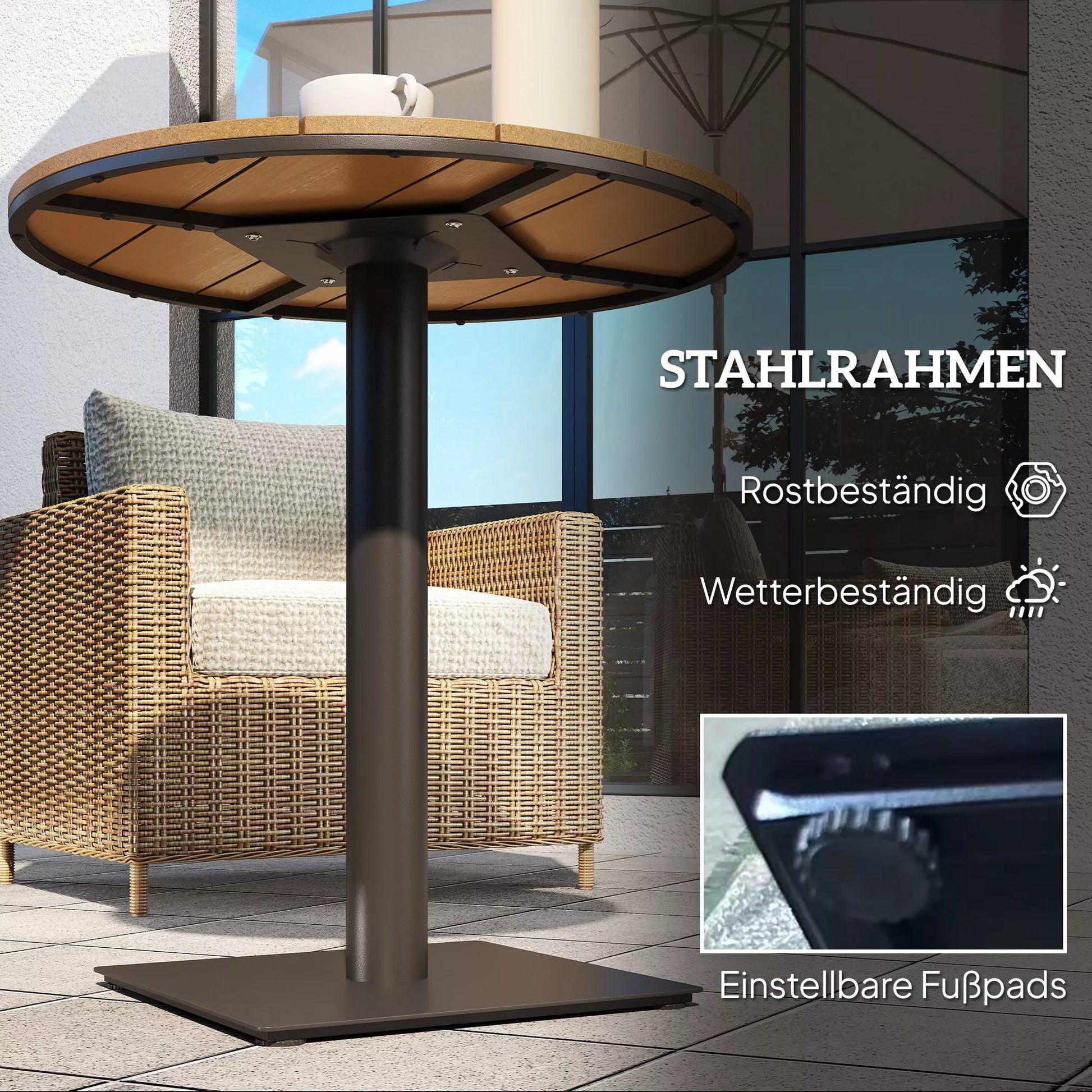 Sodo stalas Ø70 cm, atsparus atmosferos poveikiui Apvalus balkono stalas su lamelių dizainu, plienas Ø70 x 74H cm Natūralus medis