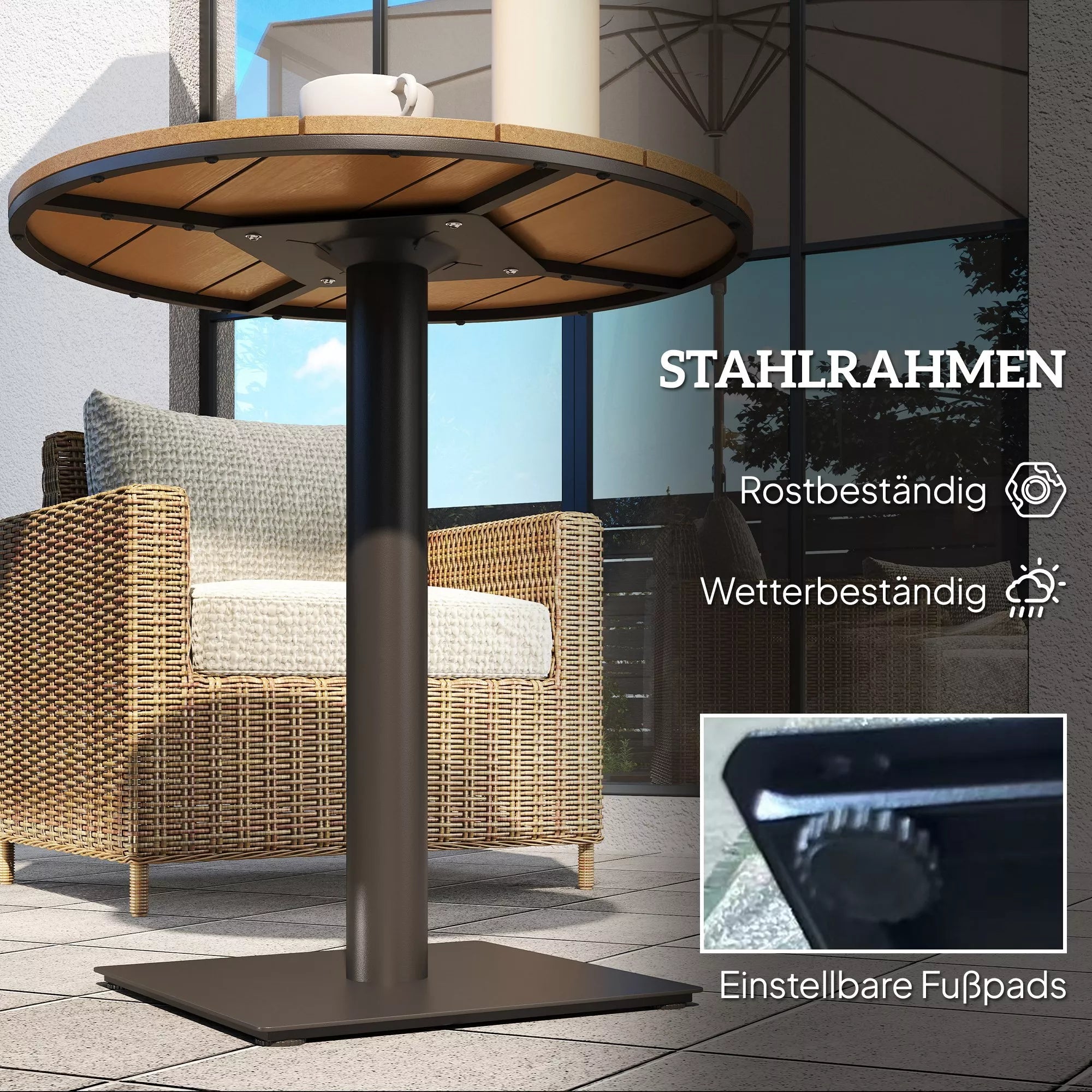 Sodo stalas Ø70 cm, atsparus atmosferos poveikiui Apvalus balkono stalas su lamelių dizainu, plienas Ø70 x 74H cm Natūralus medis