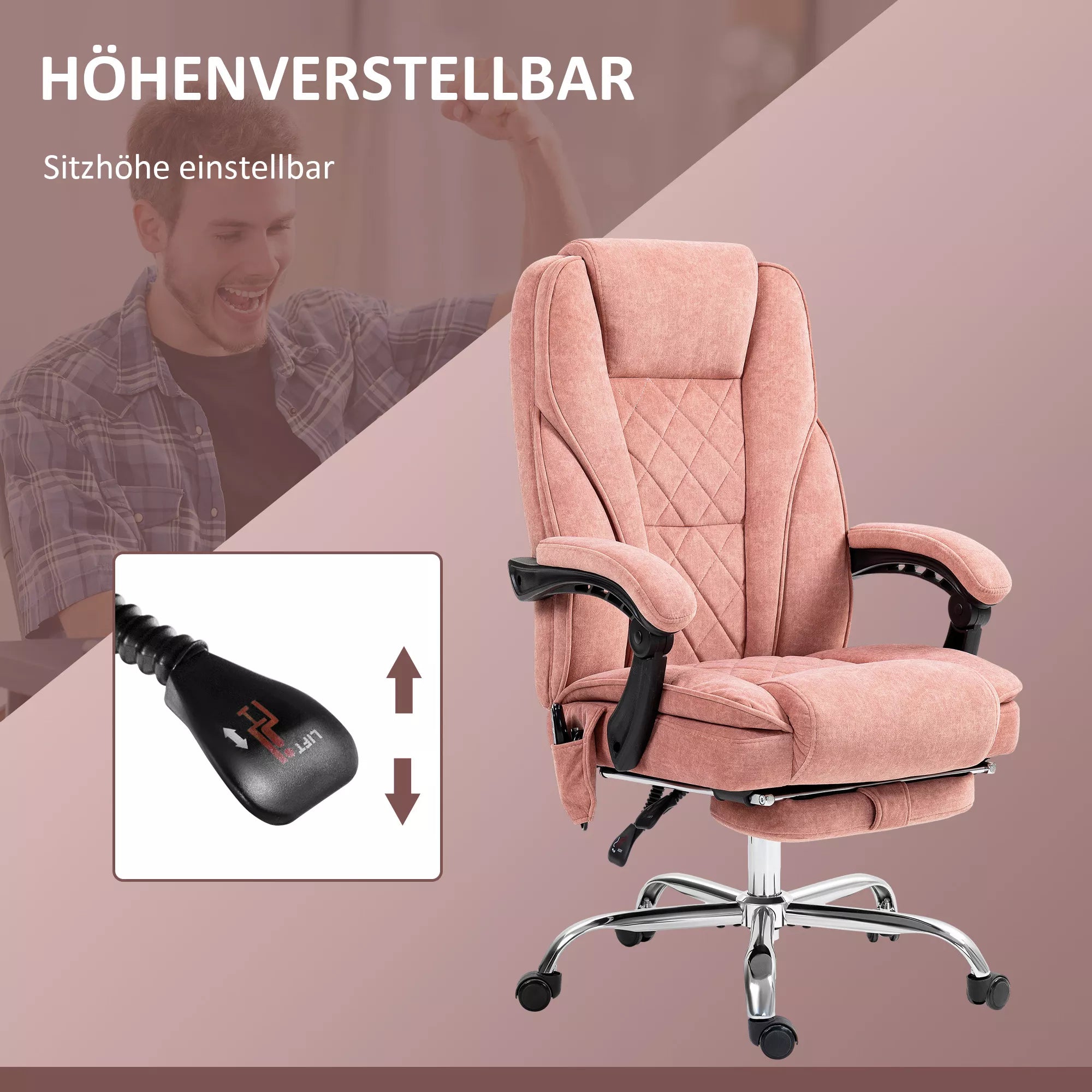 Ergonomiška biuro kėdė su masažo funkcija, kojų atrama, sukiojama, su ratukais, rožinė