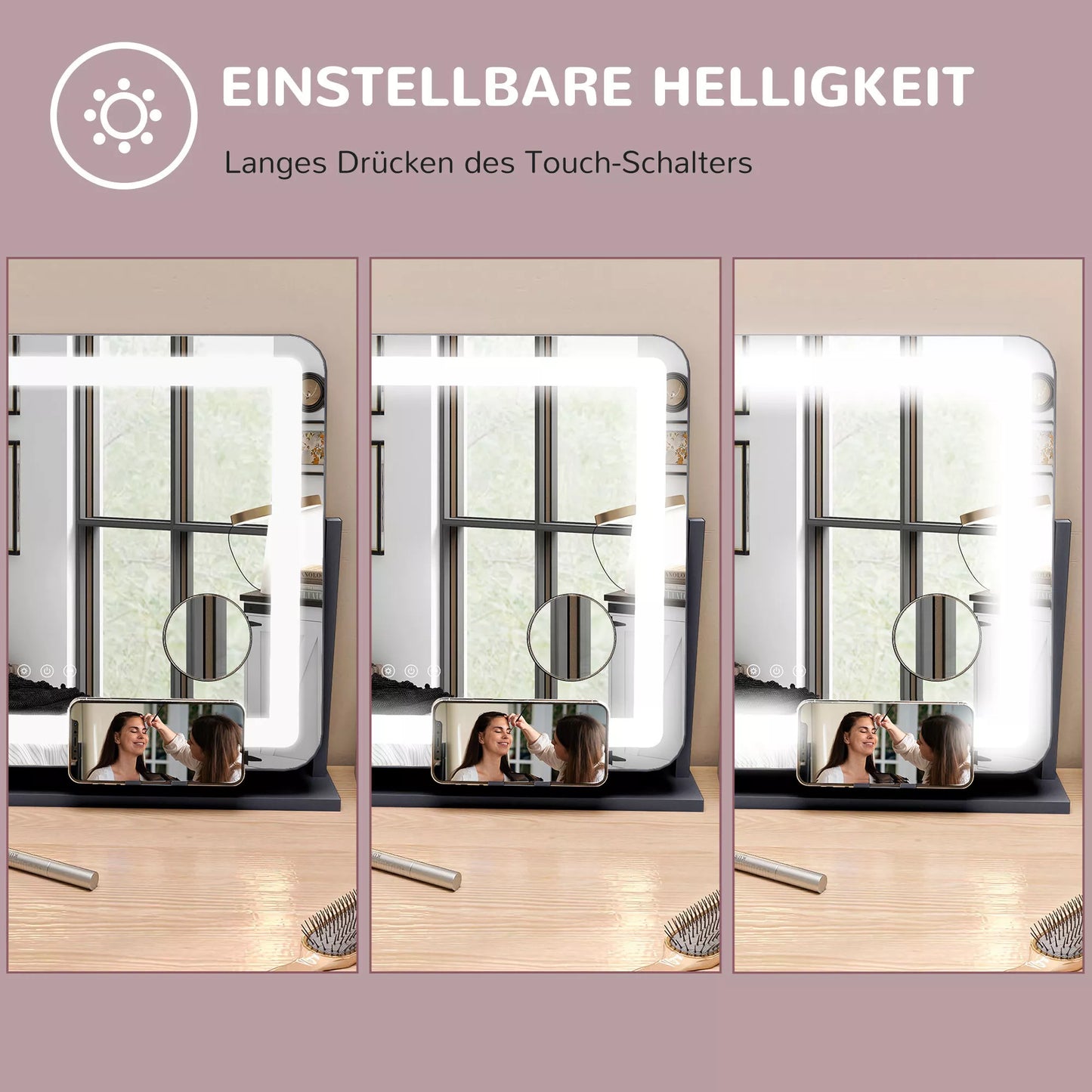 Juodas makiažo veidrodis su LED lemputėmis, USB jungtimi ir 3 režimais, pasukamas