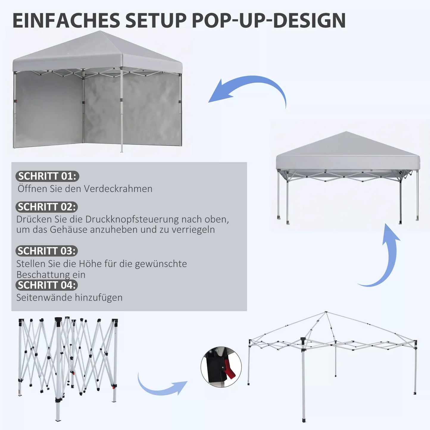Sulankstomas paviljonas, dvi šoninės sienos, nešimo krepšys, plieninis rėmas, šviesiai pilkos spalvos, 3 x 3 x 2,7 m