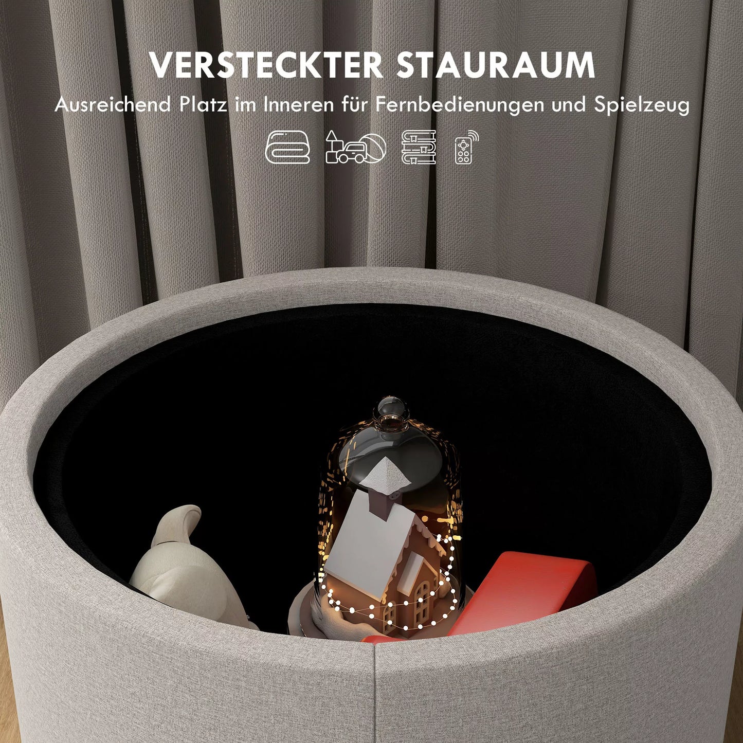 Pufas, linas, paslėpta daiktadėžė, dvipusis dangtis, 56cm x 56cm x 42cm, šviesiai pilkas + natūralus