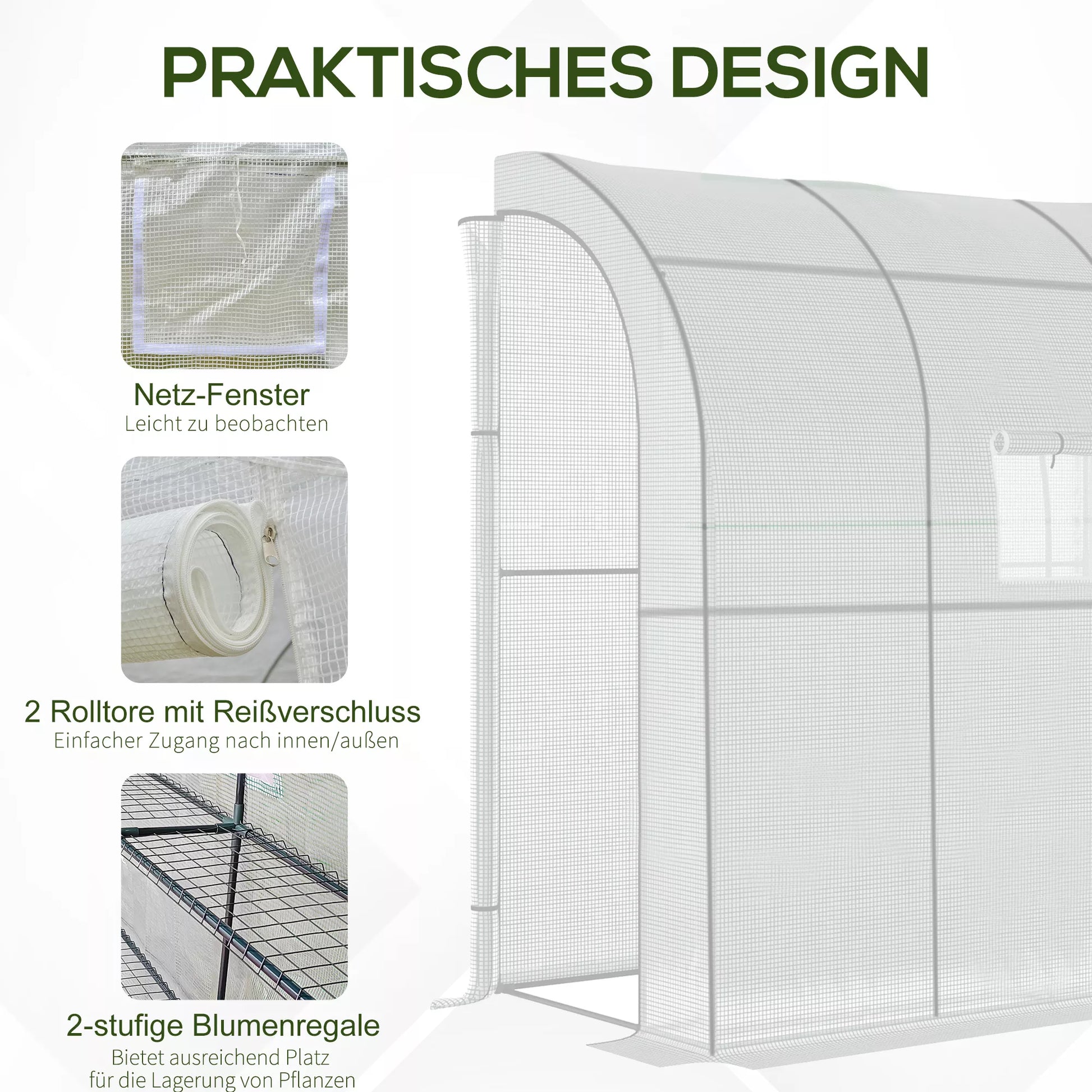 Plėvelės šiltnamis Pomidorų šiltnamis su tinkliniu langu, šiltnamis su suskleidžiamomis durimis, daigynas su UV apsauga, baltas, 200 x 100 x 215 cm