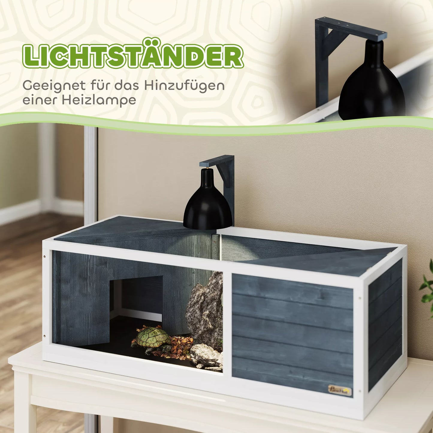 PawHut Vėžlių namelis su lengvai atidaromu viršumi, lempos laikikliu, permatoma priekine dalimi, 120 x 50 x 40 cm, Pilka