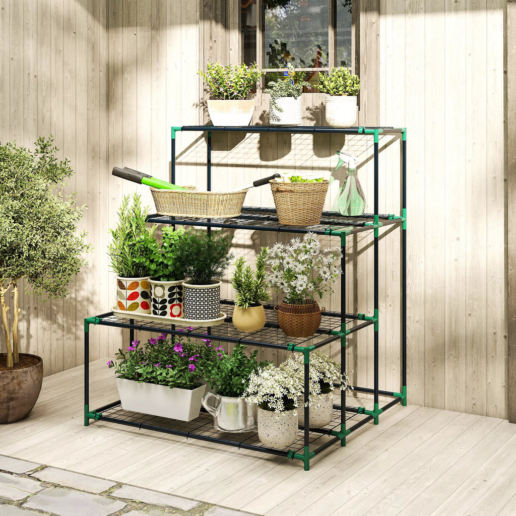 Metalinis gėlių stovas 4 pakopų balkonui ir terasai, 94 x 84 x 110 cm, tamsiai žalios spalvos