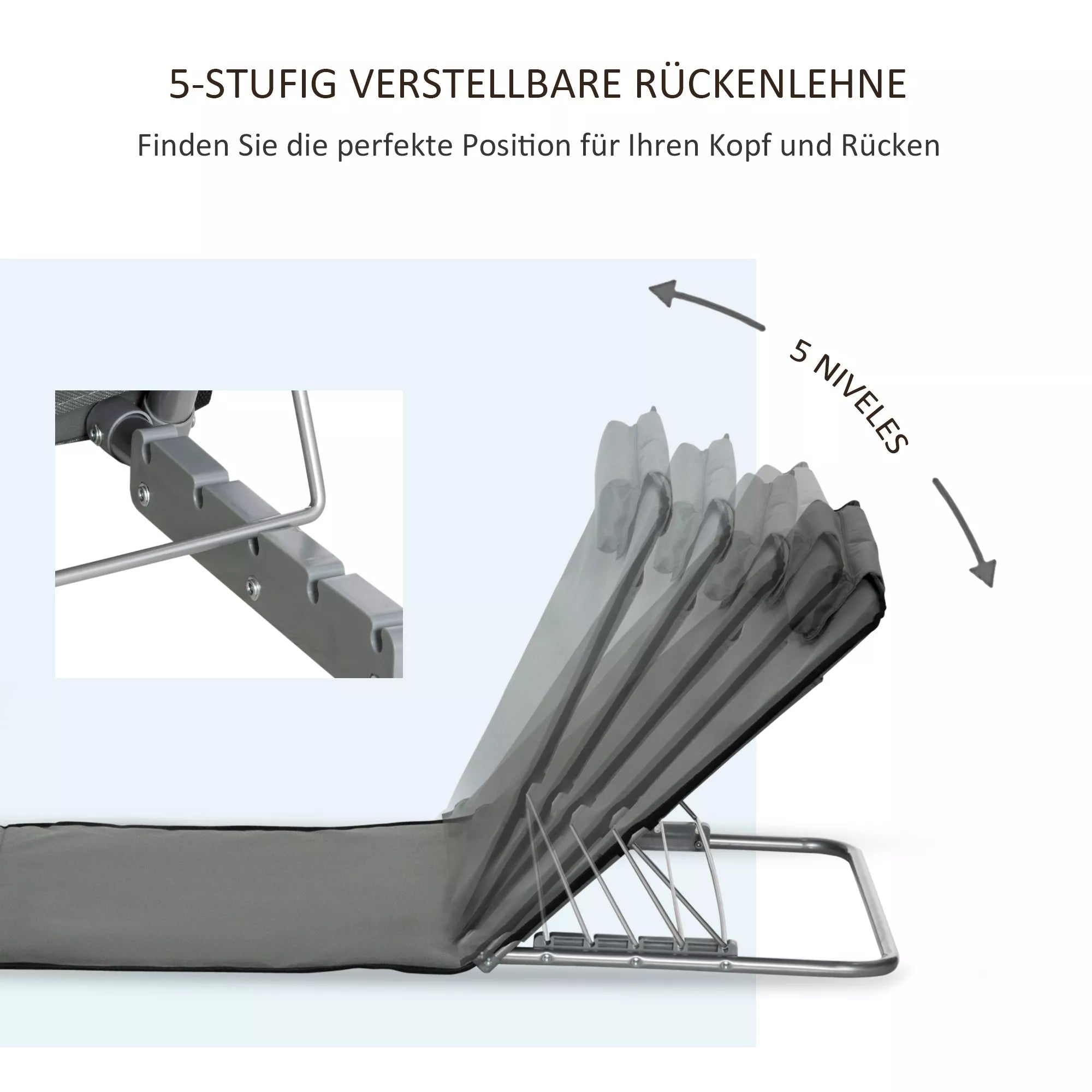 2 vnt. komplektas paplūdimio kilimėlių, reguliuojamų, sulankstomų, 124L x 53B x 37-50H cm, pilkos spalvos