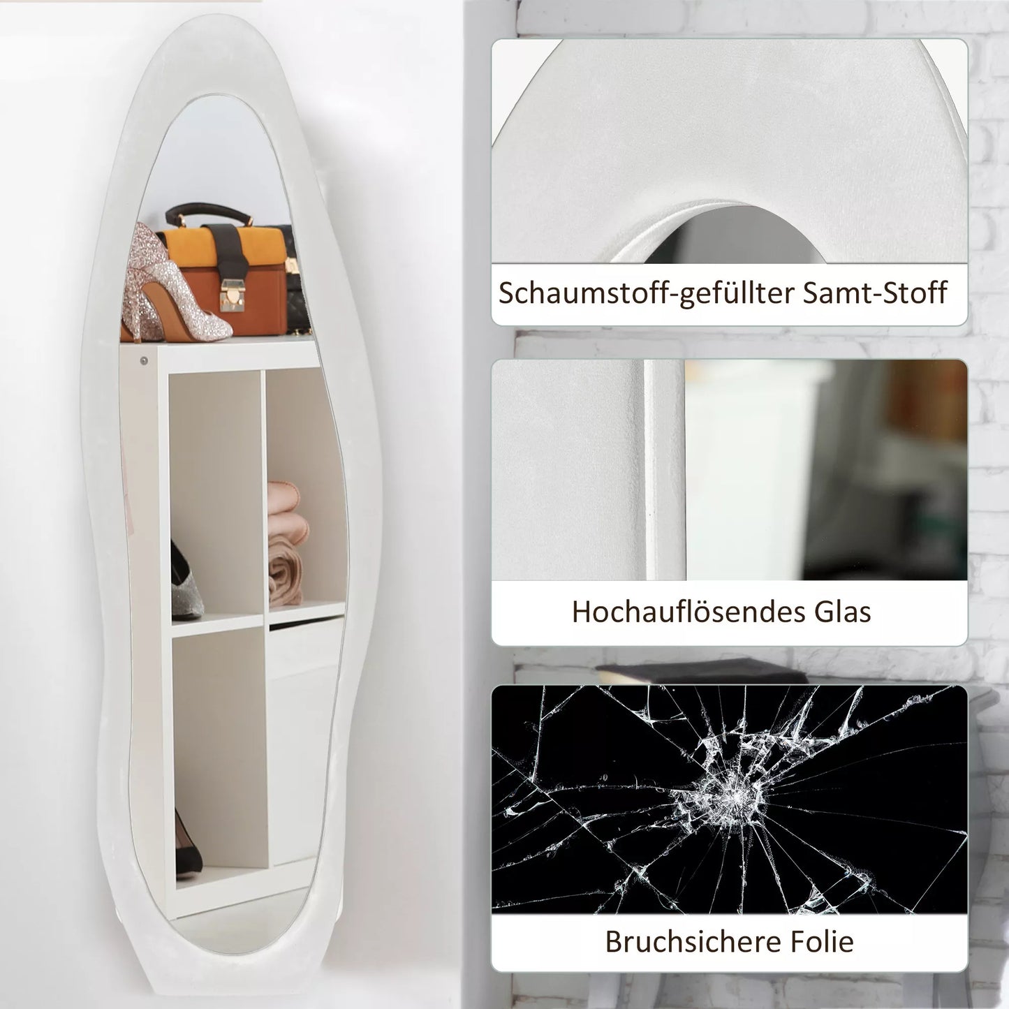 Viso kūno veidrodis, banguotos formos, 160 x 50 cm, laisvai pastatomas, aksominio stiliaus rėmo apdaila, tinka miegamajam, svetainei, baltas