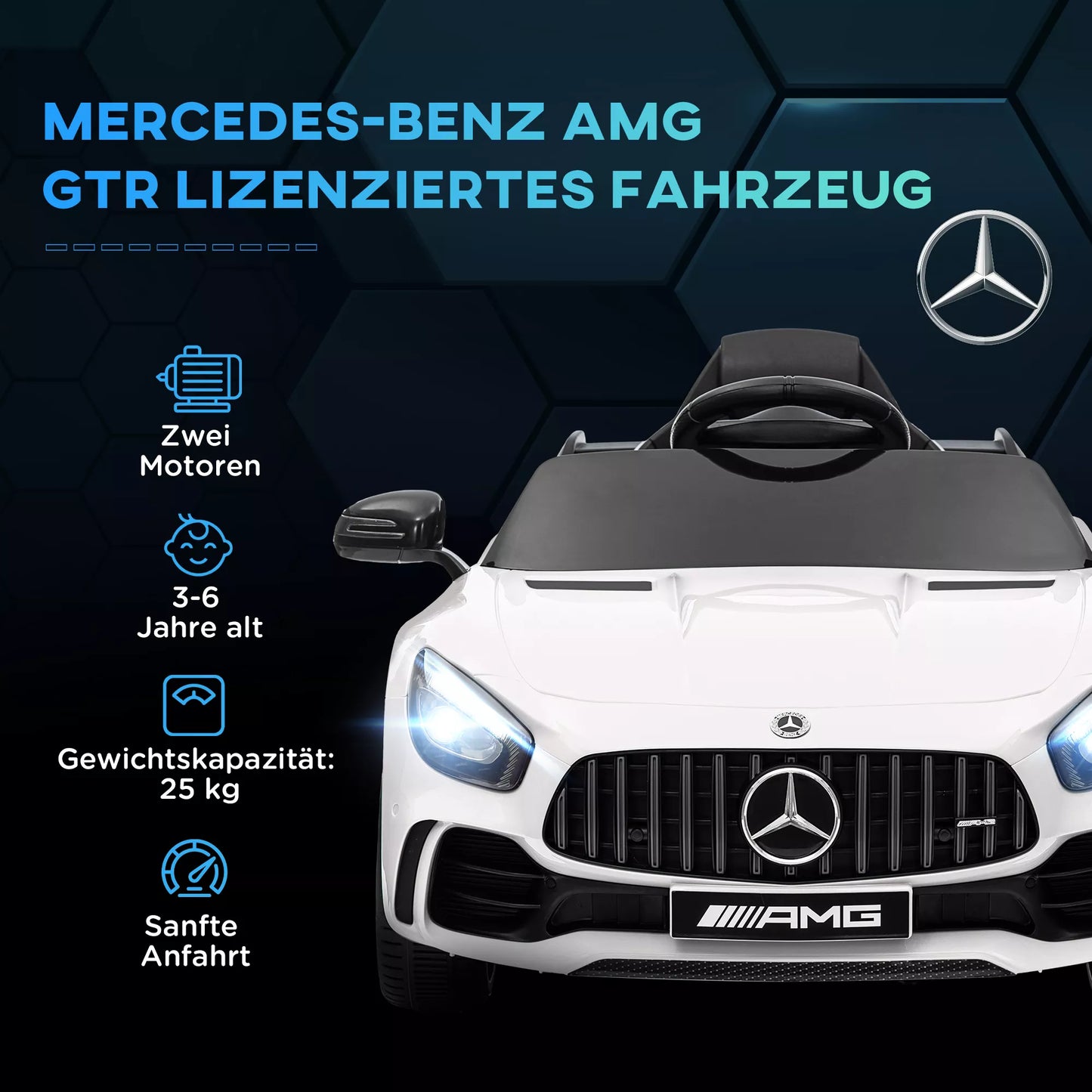 Vaikiškas elektrinis automobilis Mercedes, 3-5 km/h, su nuotolinio valdymo pultu, šviesomis ir muzika, baltas
