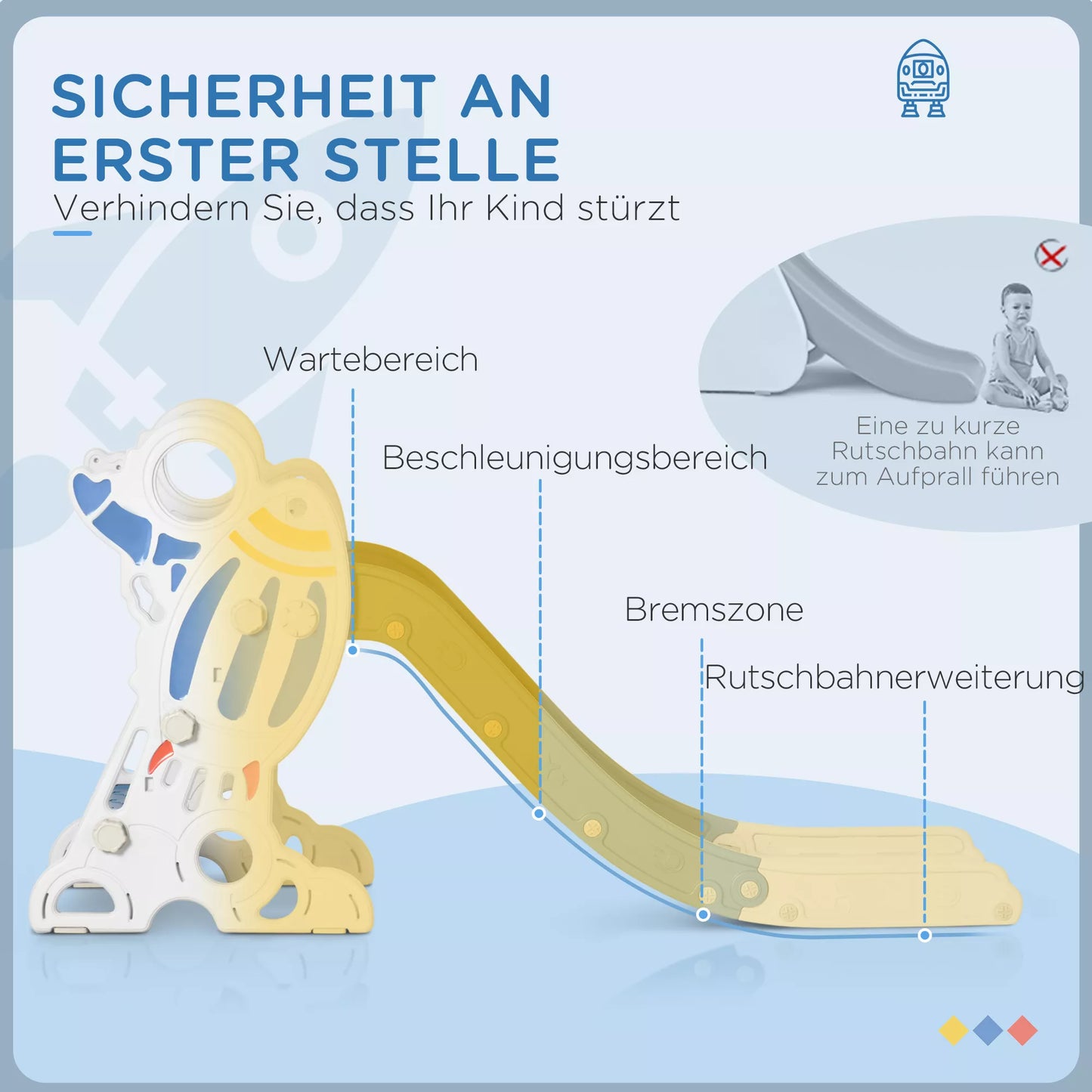 Čiuožykla vaikams nuo 1,5 iki 3 metų, raketos dizainas, lipdukų rinkinys, mėlyna, 157 x 46,5 x 80 cm