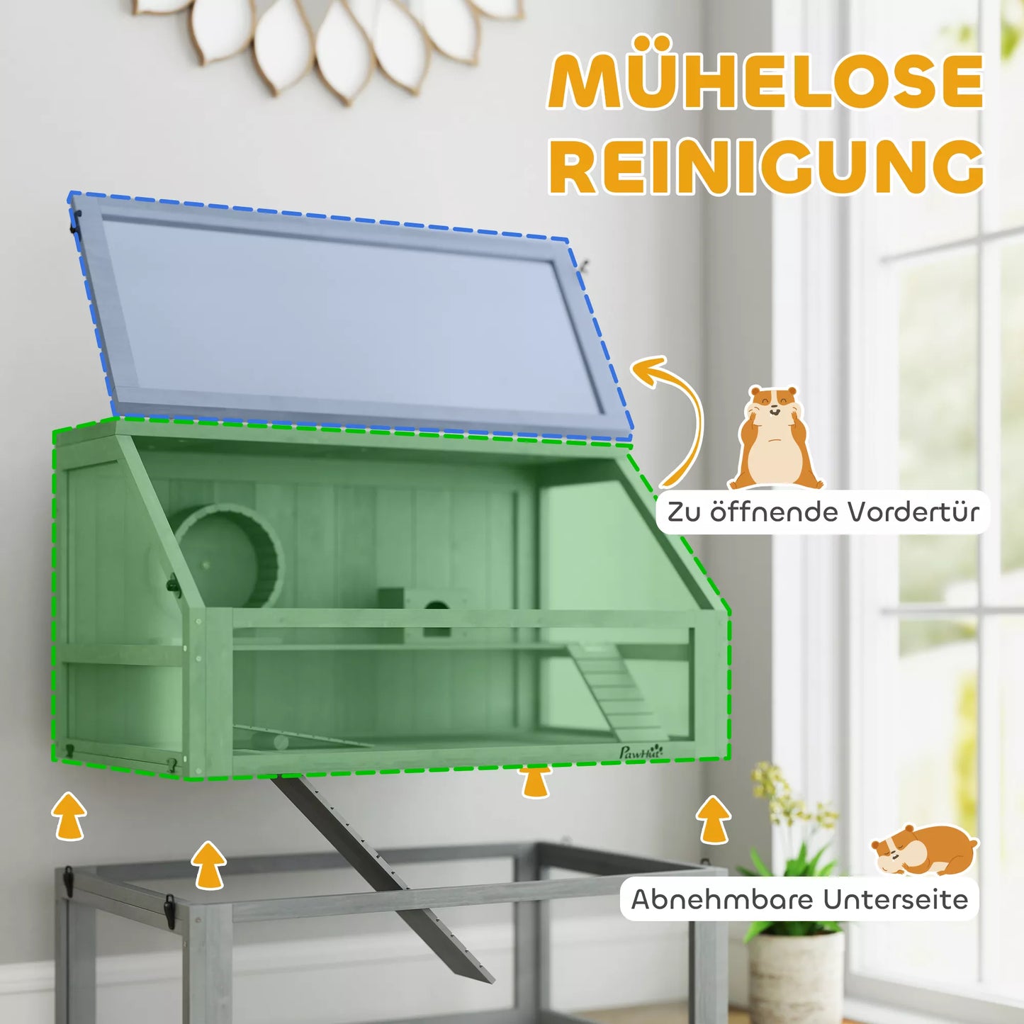 Medinų namelis žiurkėnams, 3 aukštų su didele dugnine, nuimamais lygiais, smulkiems gyvūnėliams, 80x50x76cm, šviesiai pilkas