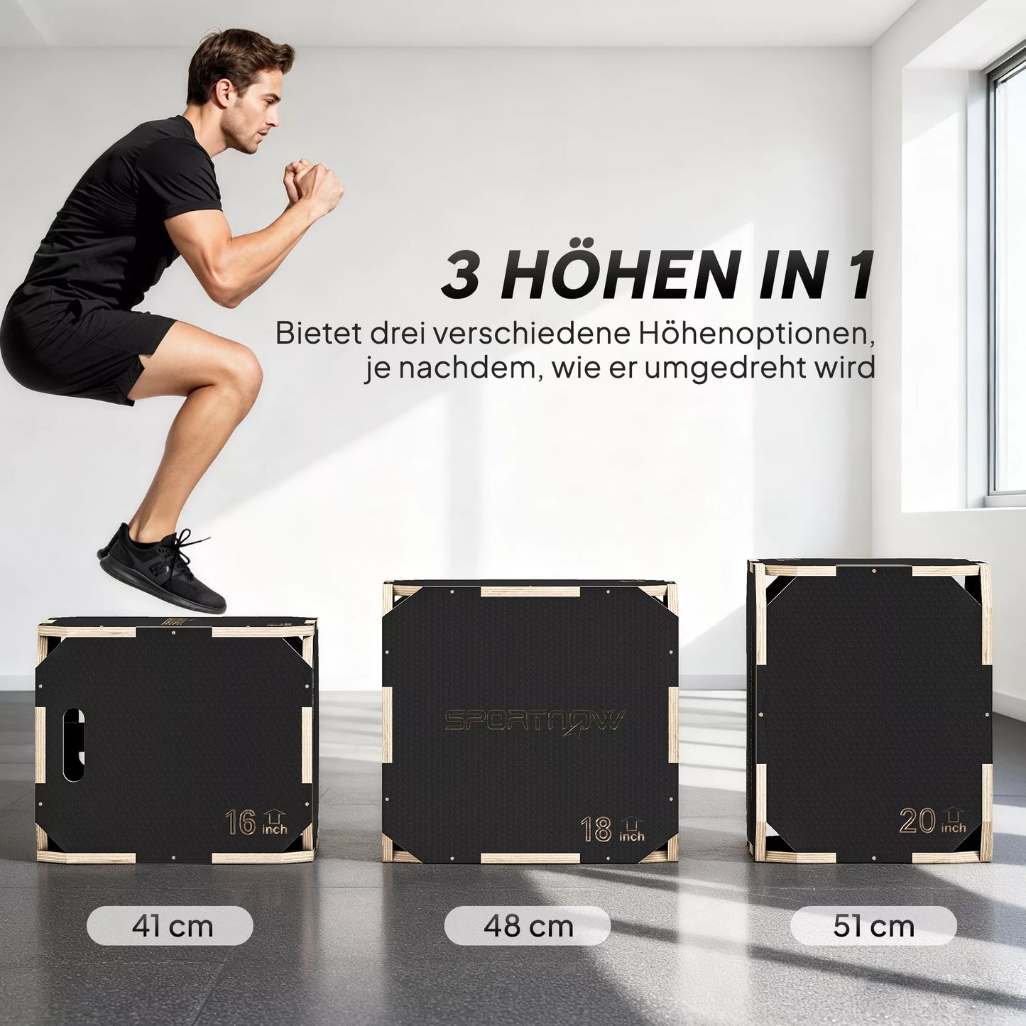 Šokinėti skirta dėžė, be kampų, fanera, reguliuojamas aukštis, šoninės rankenos, juoda