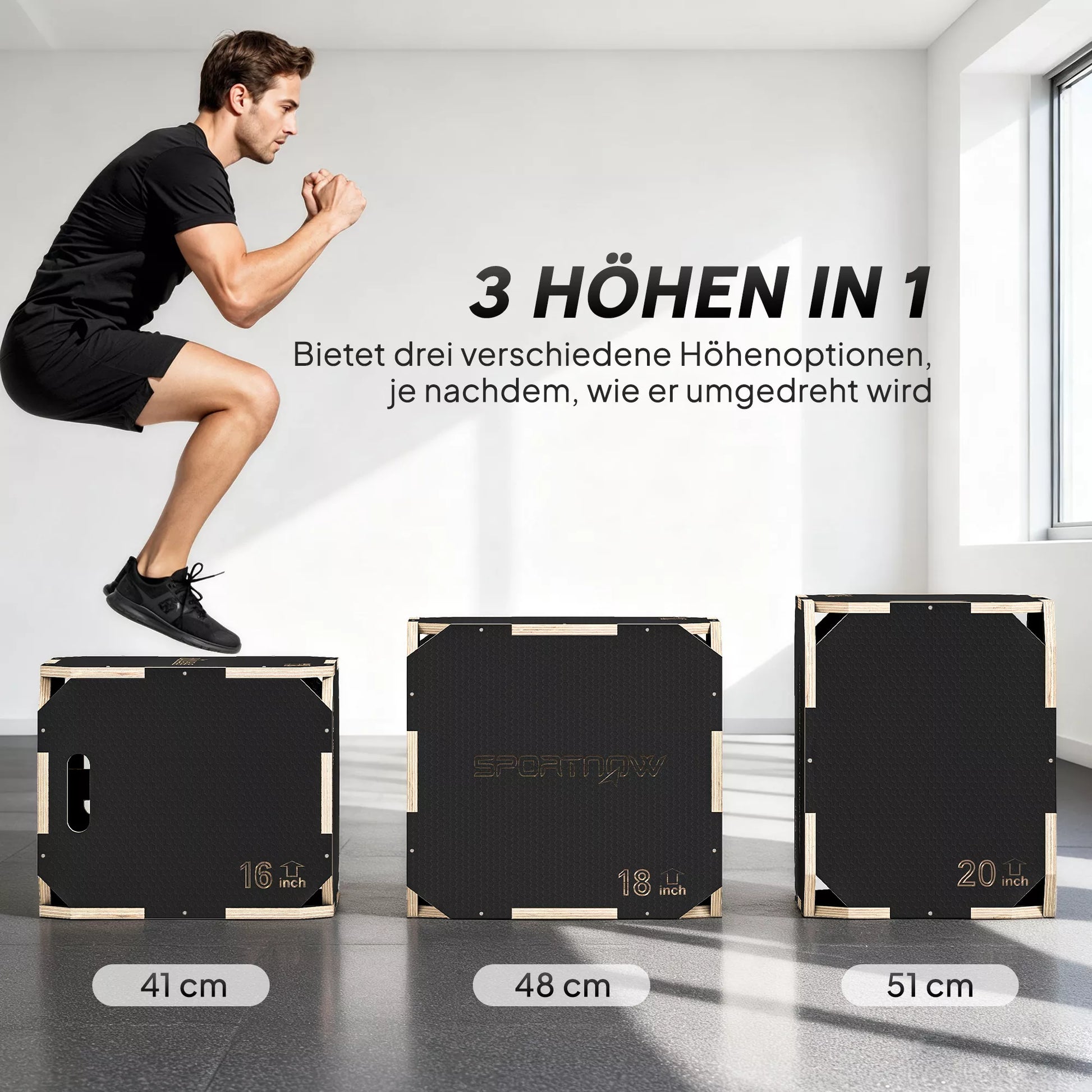 Šokinėti skirta dėžė, be kampų, fanera, reguliuojamas aukštis, šoninės rankenos, juoda