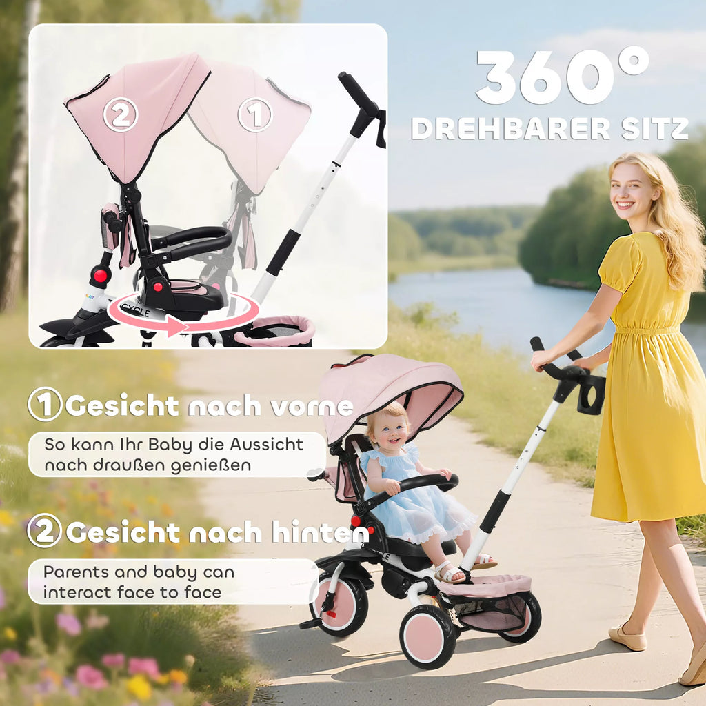 Vaikiškas triratukas 6-in-1 su stūmimo rankena, 12–60 mėn., rožinis