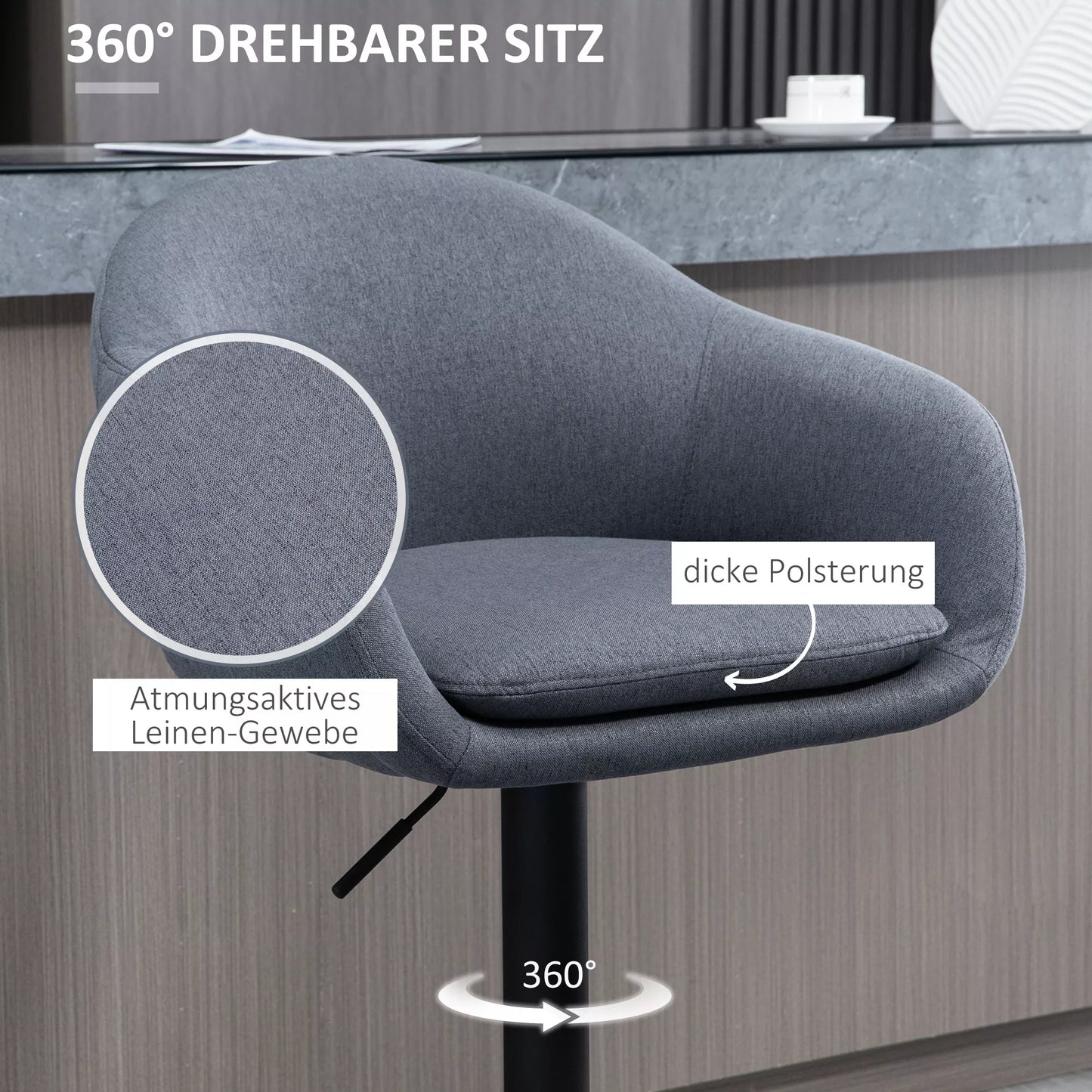 HOMCOM Baro kėdė, reguliuojamo aukščio, su atlošu ir atrama kojoms; lininiu paviršiumi, 54 cm x 54 cm x 112 cm, Pilka