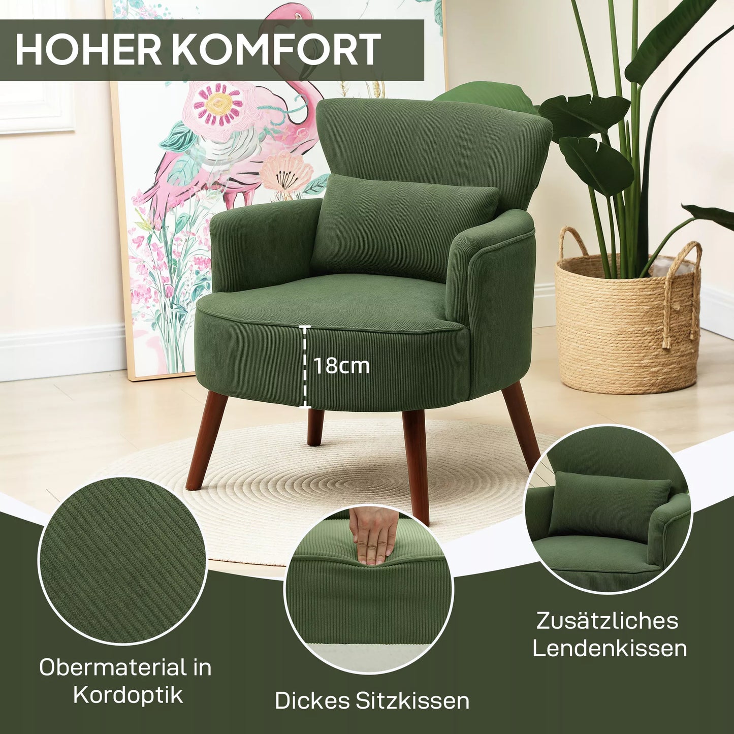 Modernus fotelis, paminkštintas akcentinis krėslas su juosmens atrama, žalias