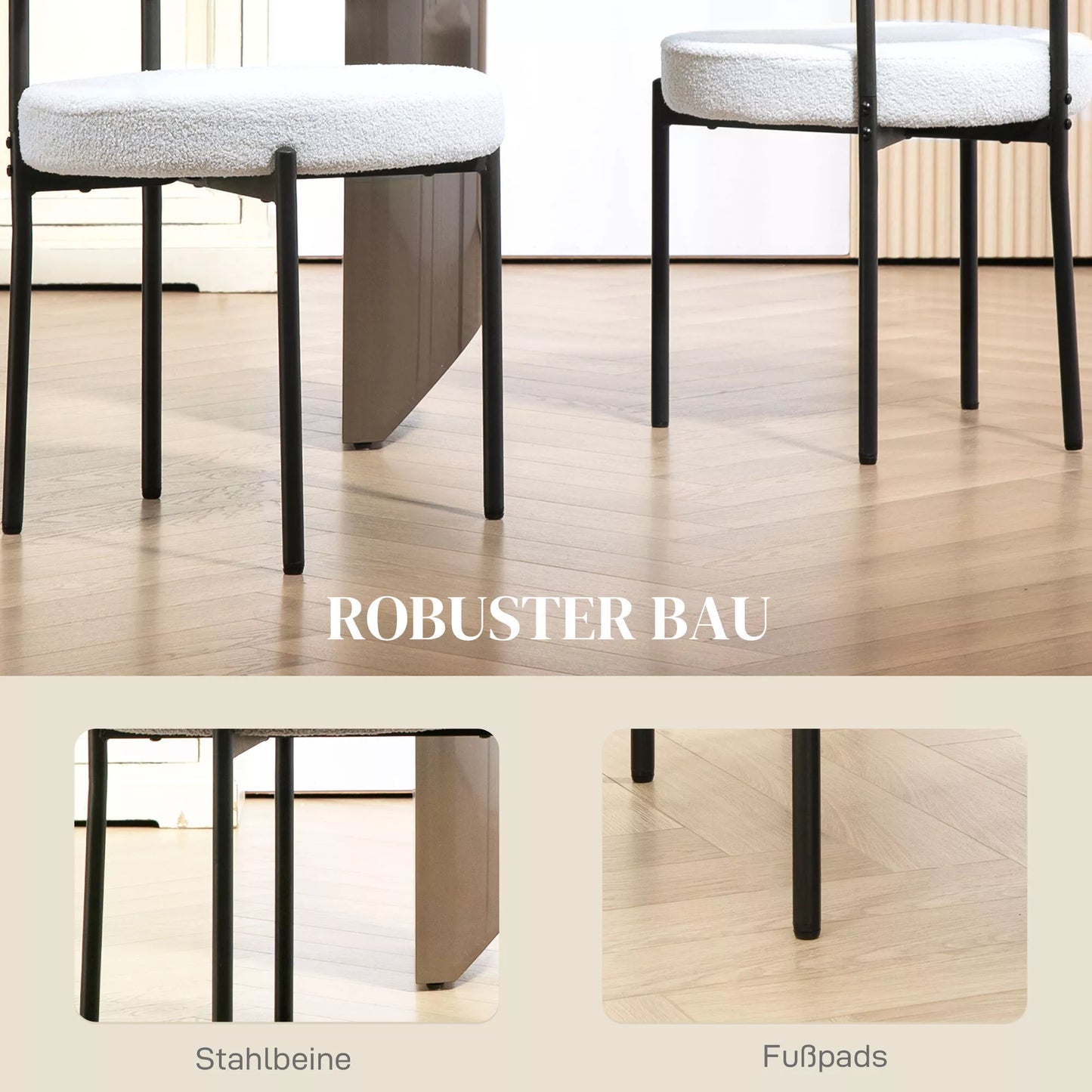 2 vnt. valgomojo kėdžių rinkinys, vilnos apmušalas, kėdės su paminkštinta sėdyne, metalinės kojos, kreminės baltos spalvos