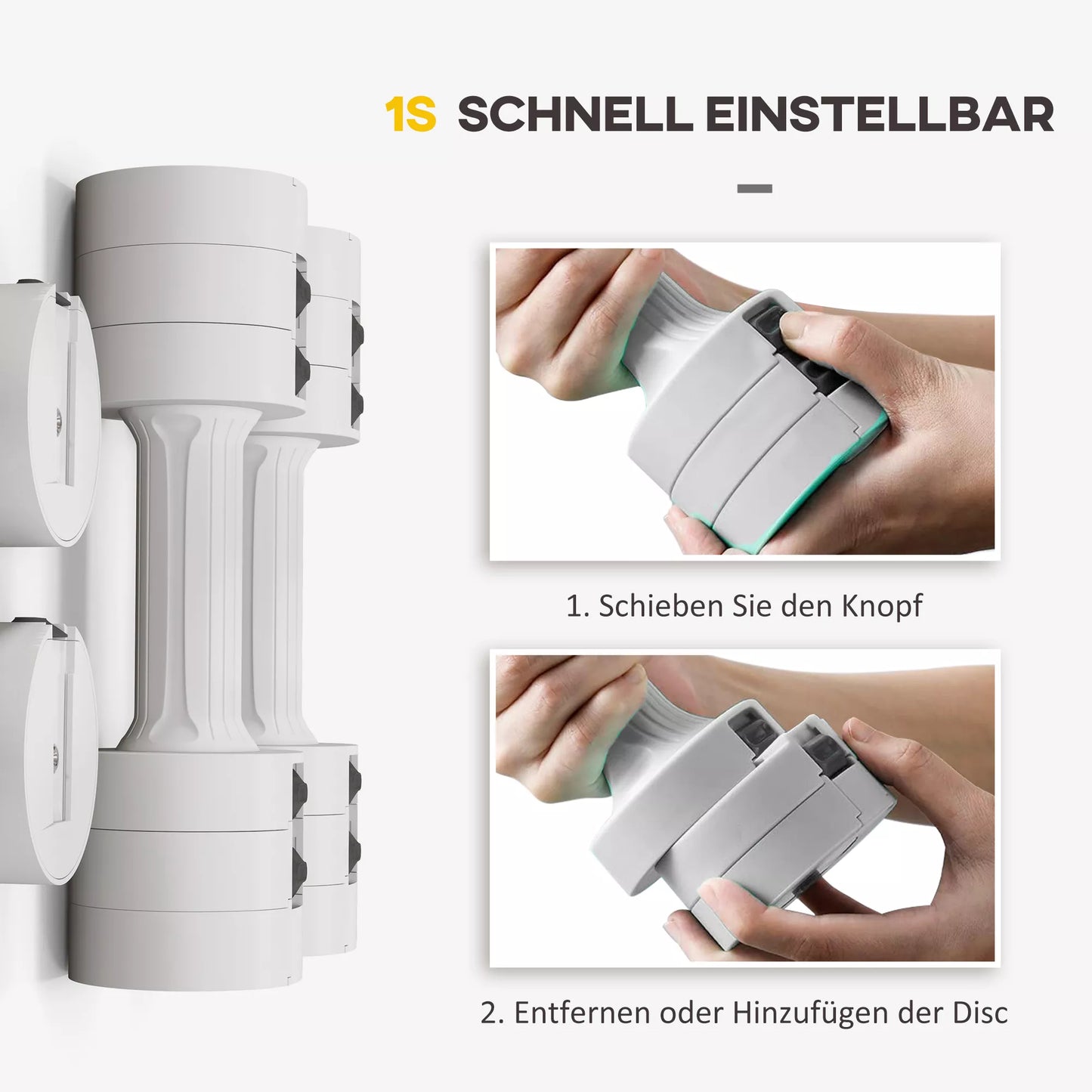 2 x 2,5 kg hanteliai su reguliuojamu svoriu, plastikiniu korpusu, balti