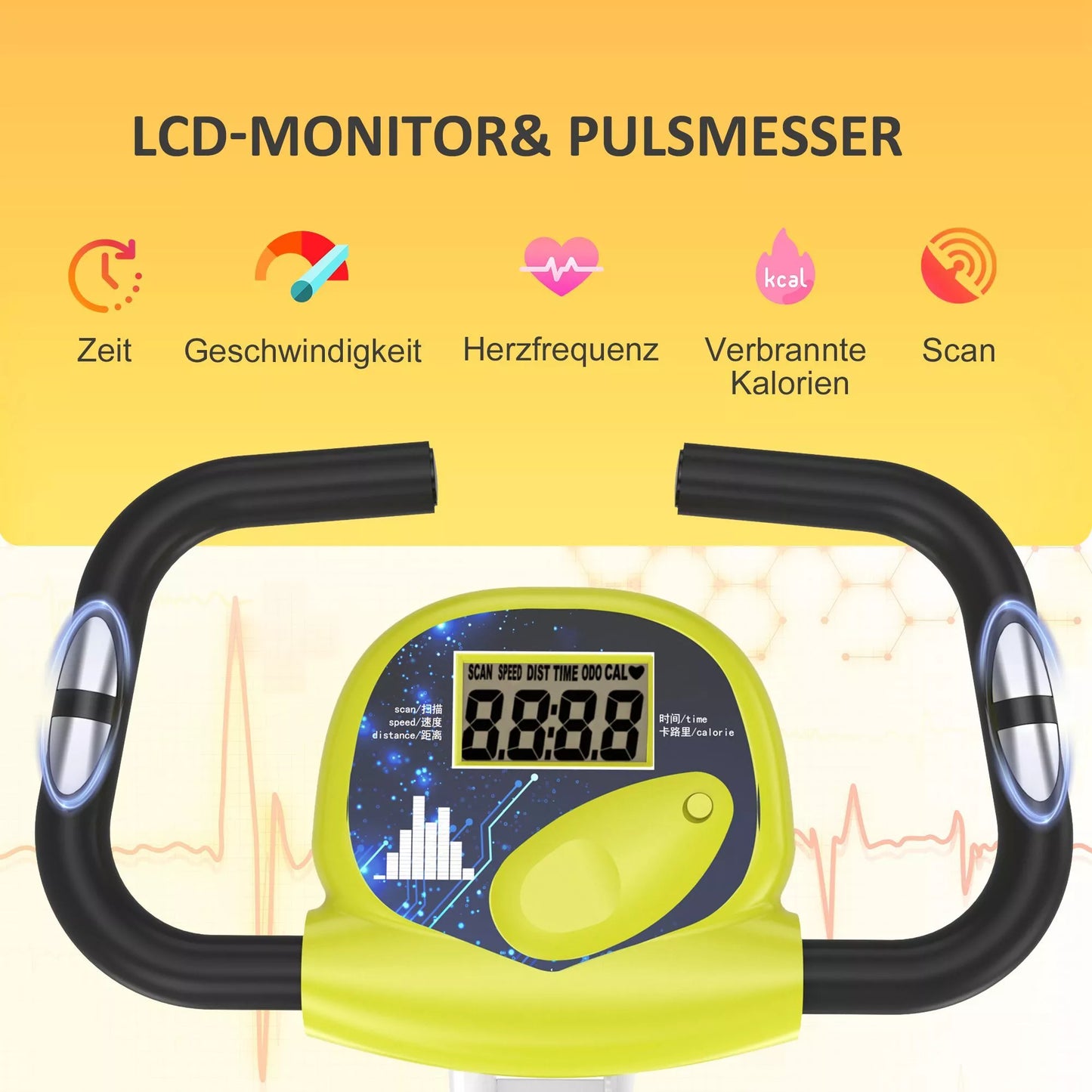 Sulankstomas magnetinis namų treniruoklis dviratis su LCD ekranu, 8 lygių reguliuojamu magnetiniu pasipriešinimu, kompaktiškas fitneso dviratis namams Geltonas+Baltas