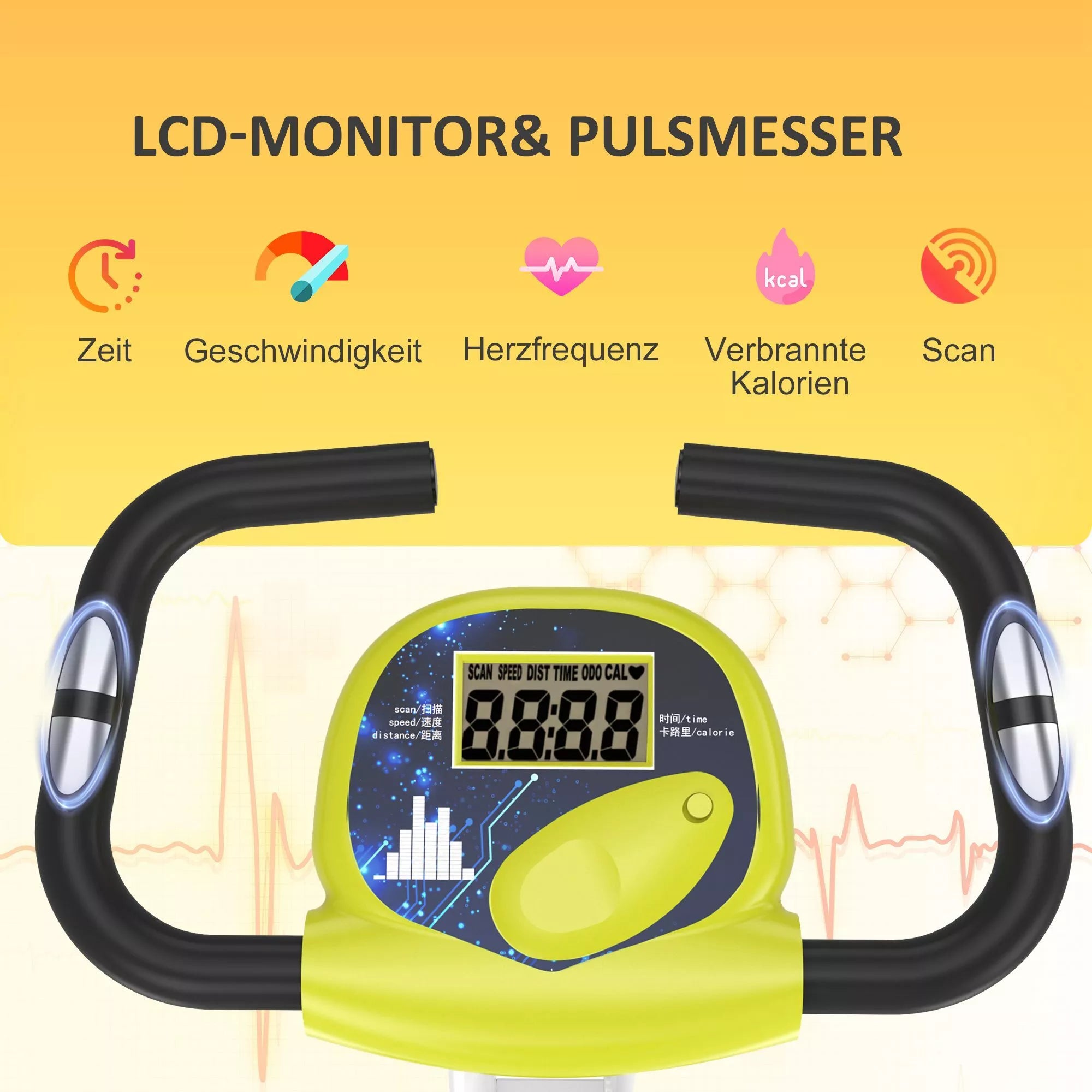 Namų treniruoklis Dviračių treniruoklis sulankstomas Magnetinis namų treniruoklis Dviratis su LCD monitoriumi, 8 pakopų reguliuojamu magnetiniu pasipriešinimu Ratai, tylus, kompaktiškas Namų treniruoklis Geltona+balta