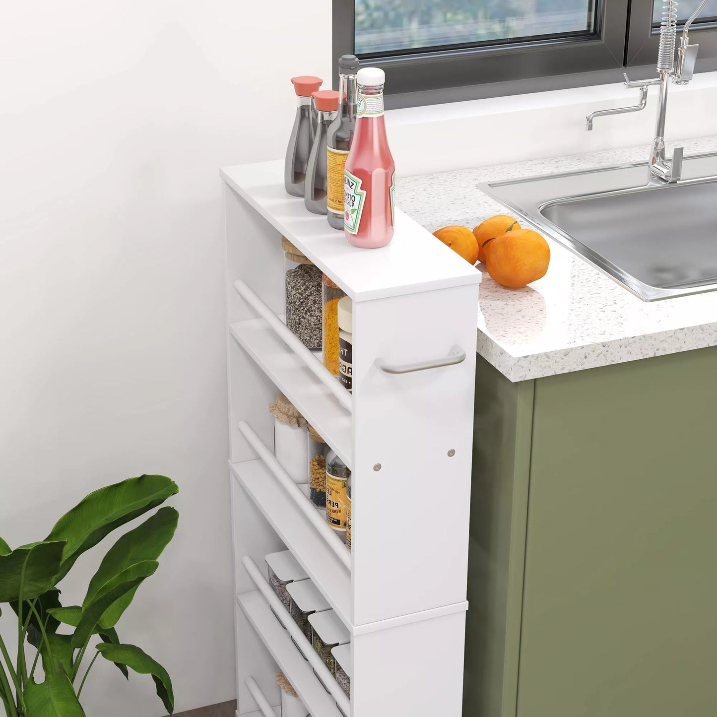 Daugiafunkcinė lentynos su ratukais, siaura konstrukcija, 4 skyriai, 45x15x91 cm, balta