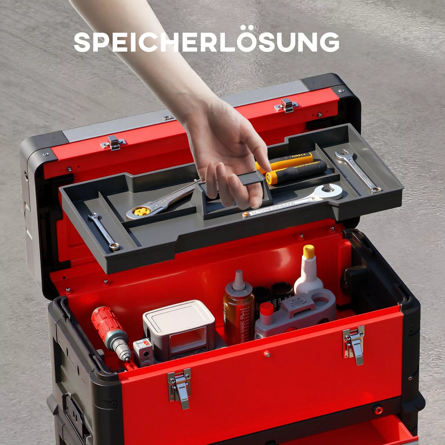 3 pakopų įrankių dėžių rinkinys su ratukais, sujungiamas, plienas, plastikas