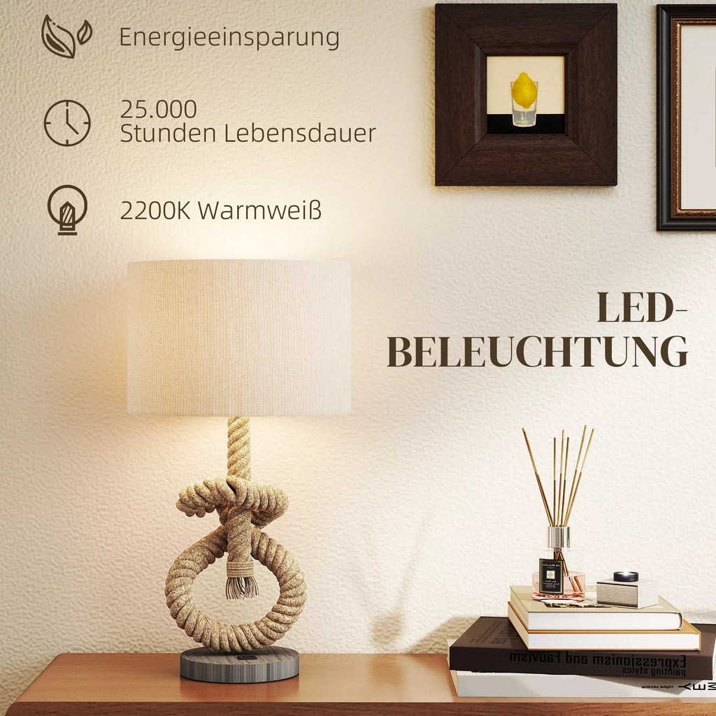 Jūrinio stiliaus stalo lempa, USB įkrovimo jungtis, šilta, virvės dekoro, 30x30x55 cm