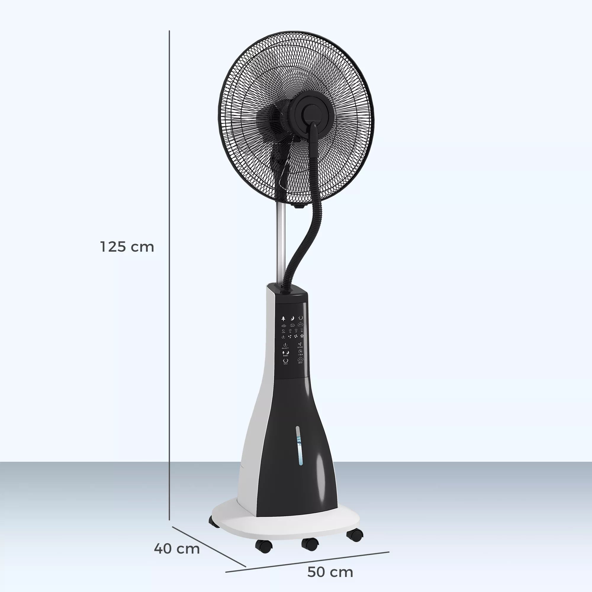 Ventiliatorius su purškimo funkcija, pasukamas 75 laipsniais, 3 greičiai, 3 režimai, 3 litrų vandens bakas, juodas + baltas