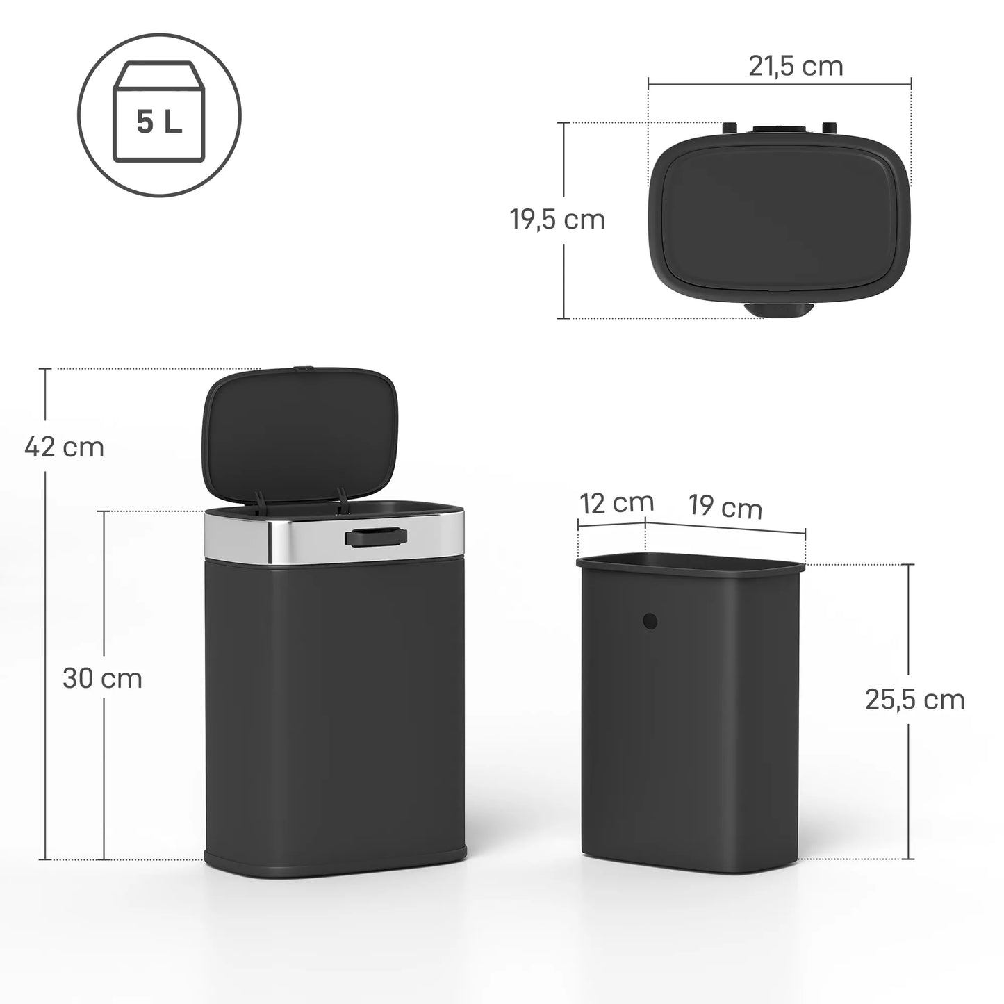 Šiukšliadėžė, nerūdijančio plieno virtuvės šiukšliadėžė su atviru dangčiu, išimamas vidinis konteineris, 21,5x19,5x30 cm, juoda