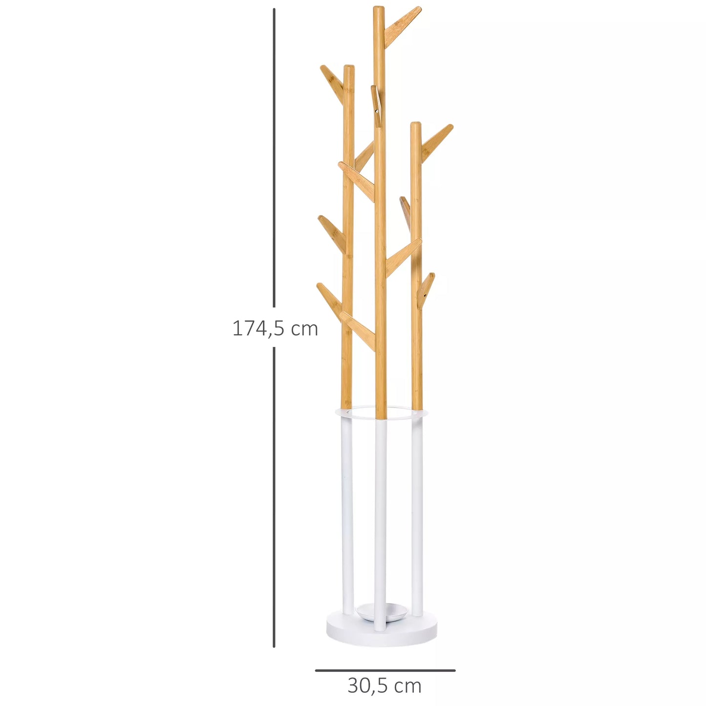 Drabužių kabykla, stovas su 12 kabliukų ir skėčių laikikliu, medžio formos drabužinė, modernus stovo laikiklis drabužiams, skrybėlei, rankinei, skirtas svetainei, miegamajam, bambukas, natūrali spalva+balta