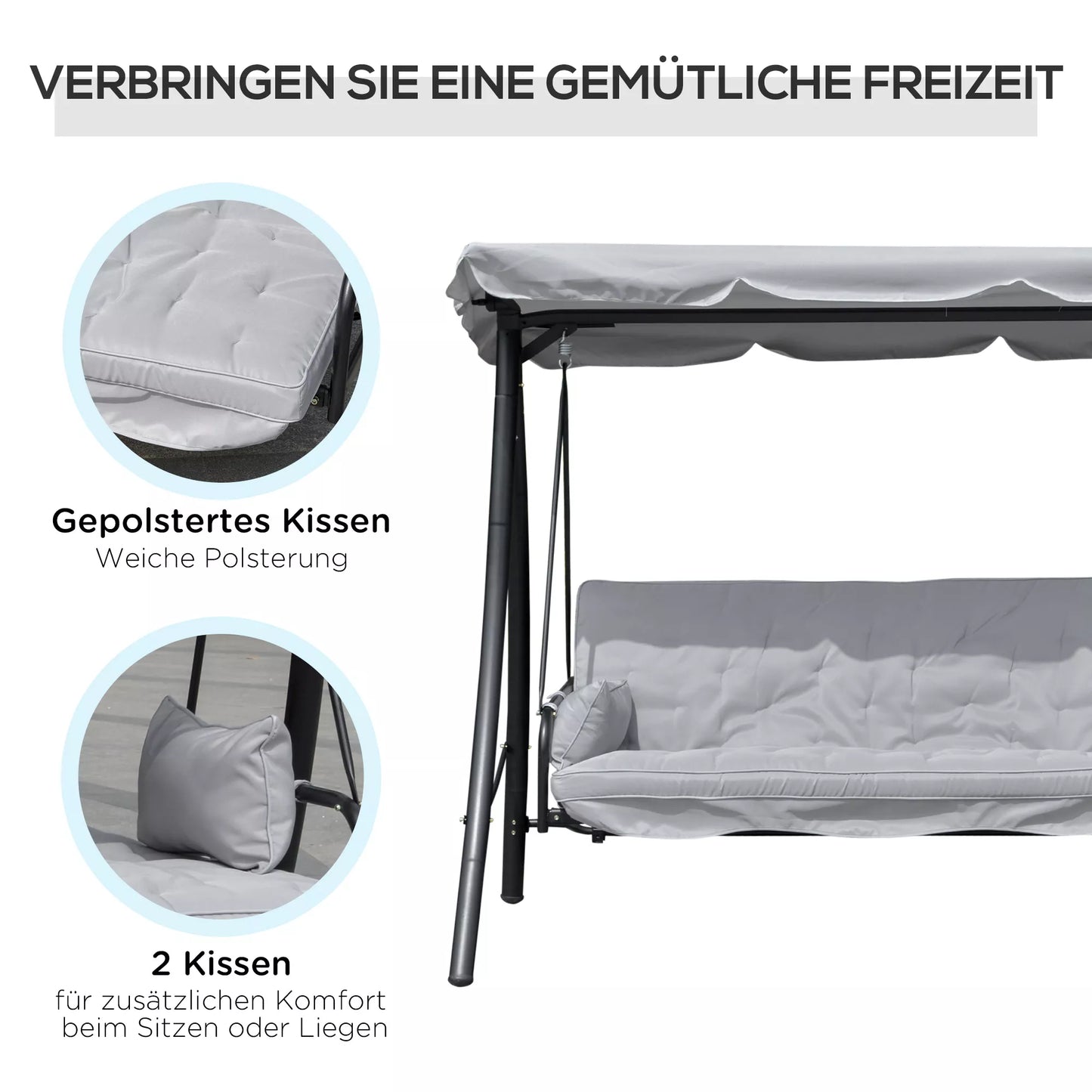 Sūpuoklės sodui, supamoji 3 vietų, su gulėjimo funkcija, metalas+poliesteris, pilka, 209 x 114 x 170 cm