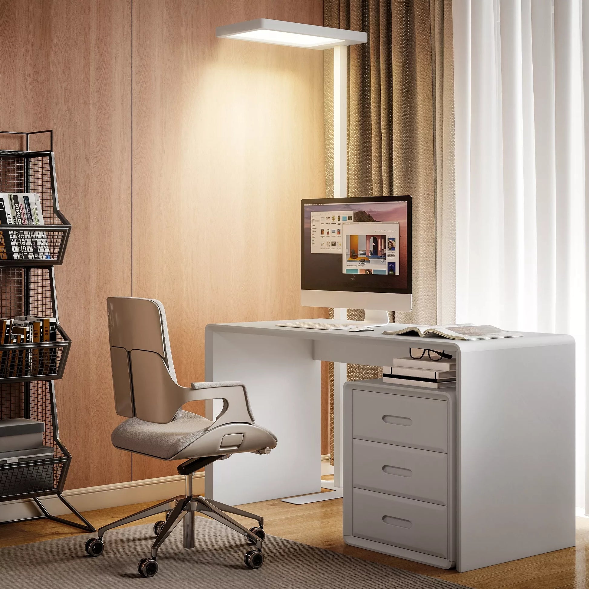 LED stovas, akis tausojantis apšvietimas, grindų lempa su nuotolinio valdymo pultu, reguliuojamas ryškumas, plastikas, metalas, balta spalva