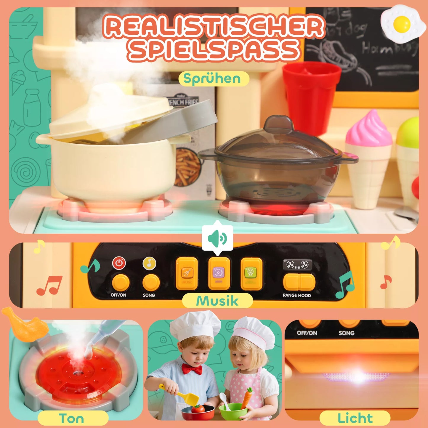 Žaislinė virtuvėlė su tekančiu vandeniu, 85 priedų, elektrinis maišytuvas, šviesos, garsai, vaikams nuo 3 iki 6 metų