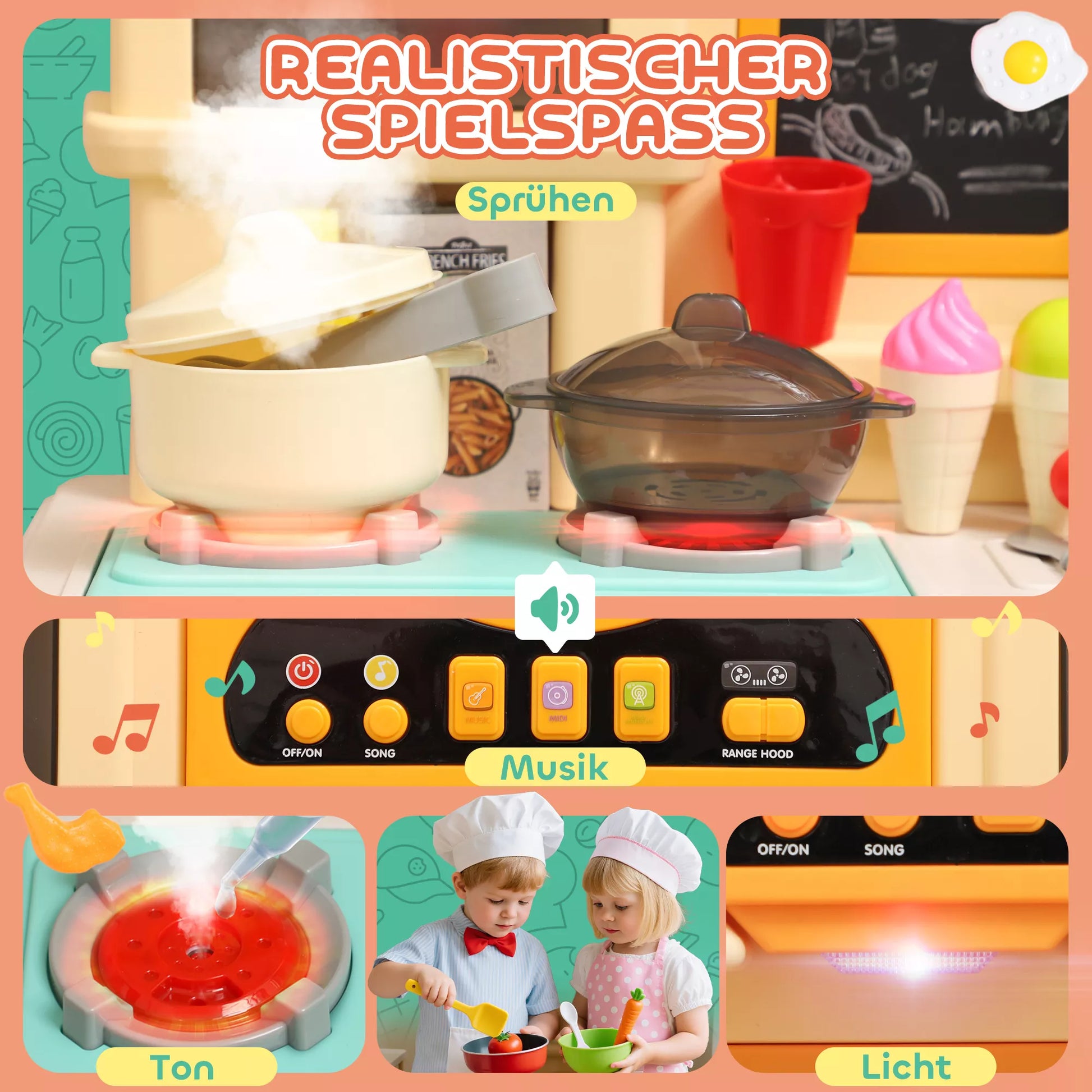 Žaislinė virtuvėlė su tekančiu vandeniu, 85 priedų, elektrinis maišytuvas, šviesos, garsai, vaikams nuo 3 iki 6 metų