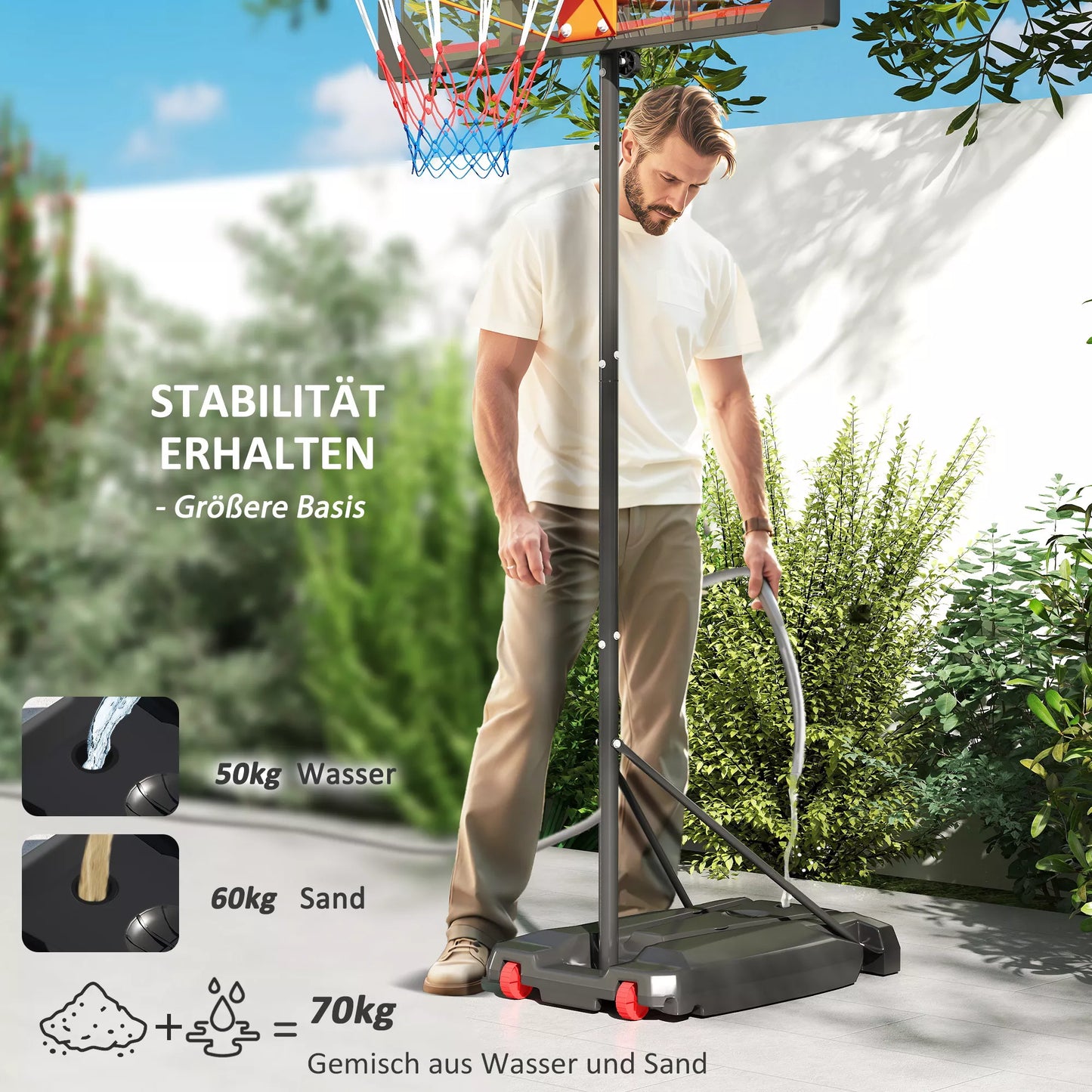 Reguliuojamo aukščio (210-260 cm) lauko krepšinio stovas vaikams, su ratukais, nuo 6 metų, raudonas