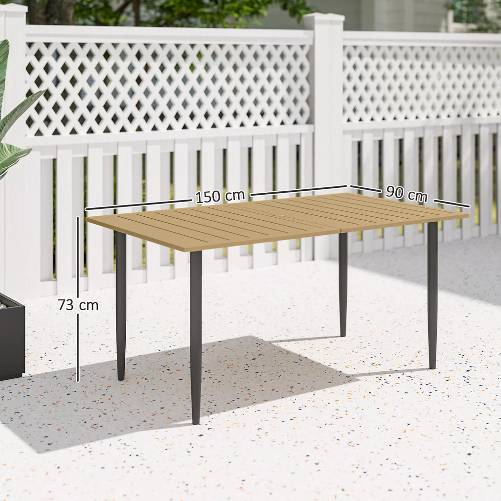 Sodo stalas 150x90 cm, atsparus oro sąlygoms plieninis balkono stalas, balkono stalas su skėčio tvirtinimo anga, rudos spalvos