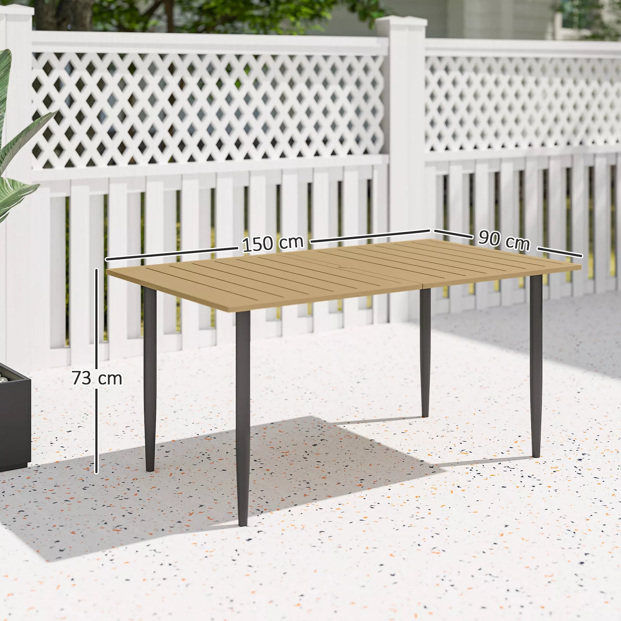 Sodo stalas 150x90 cm, atsparus oro sąlygoms plieninis balkono stalas, balkono stalas su skėčio tvirtinimo anga, rudos spalvos