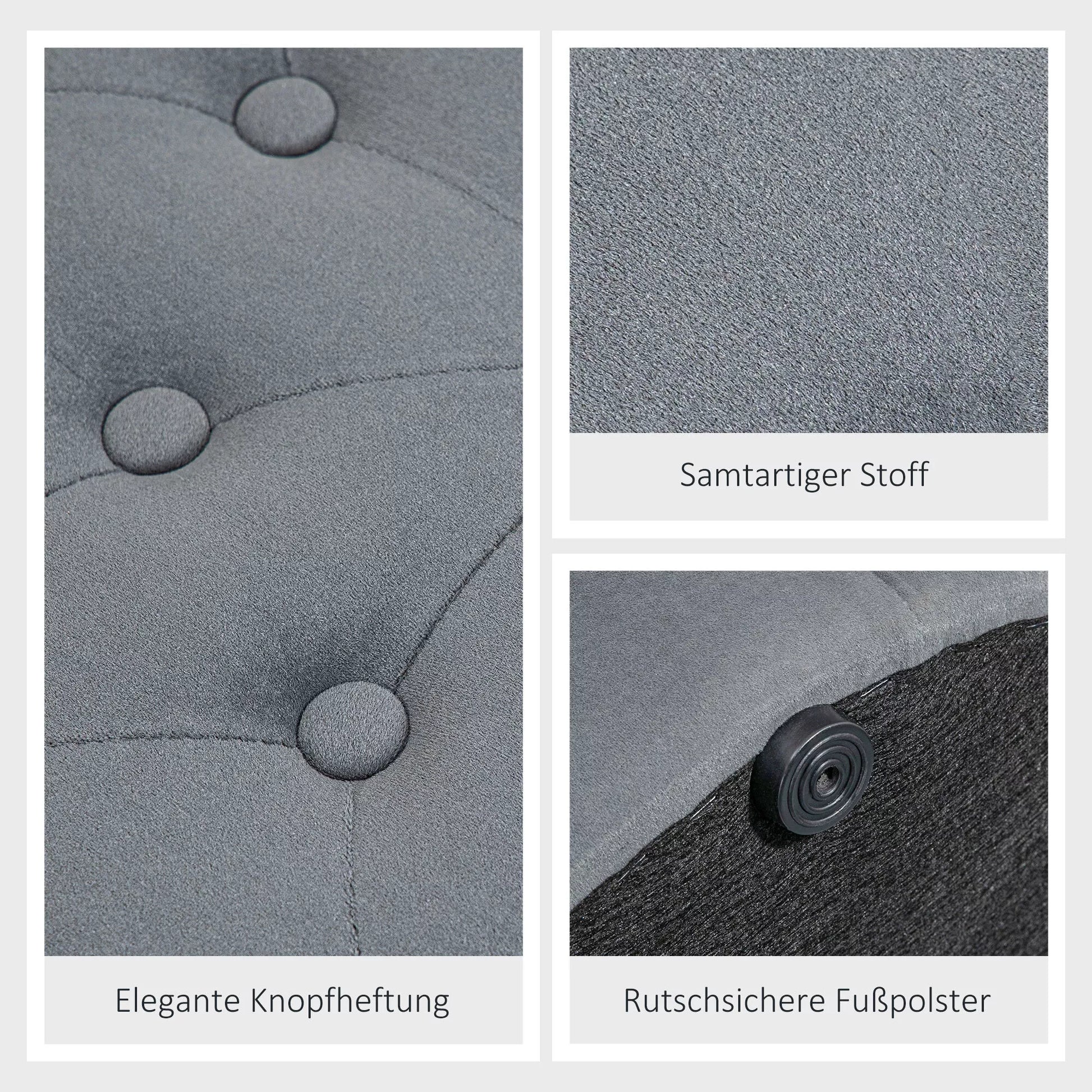 Apvalus pufas su daiktadėže, dygsniuotas su sagomis, velveto tipo danga, pilkas, 60 x 60 x 40 cm