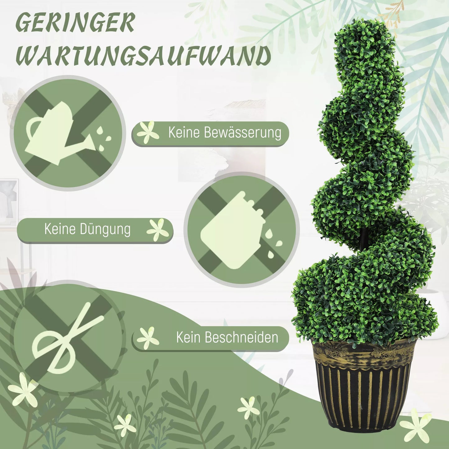 Spiralinis buksmedis, 2 vnt. rinkinys, dirbtiniai augalai, su vazonu, 90 cm aukštis, žalias