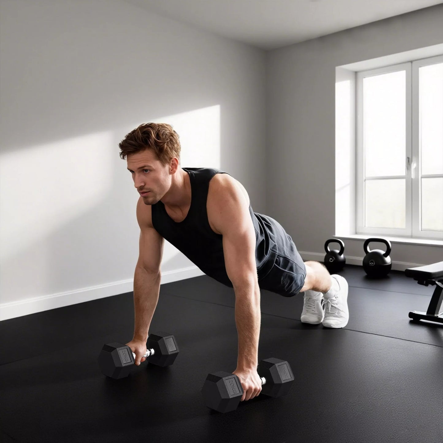 Hanteliai su rifliuota rankena, ketinė hantelė, 1 x 20kg, hanteliai vyrams ir moterims, svarmenys namams, sporto salei, jėgos treniruotėms