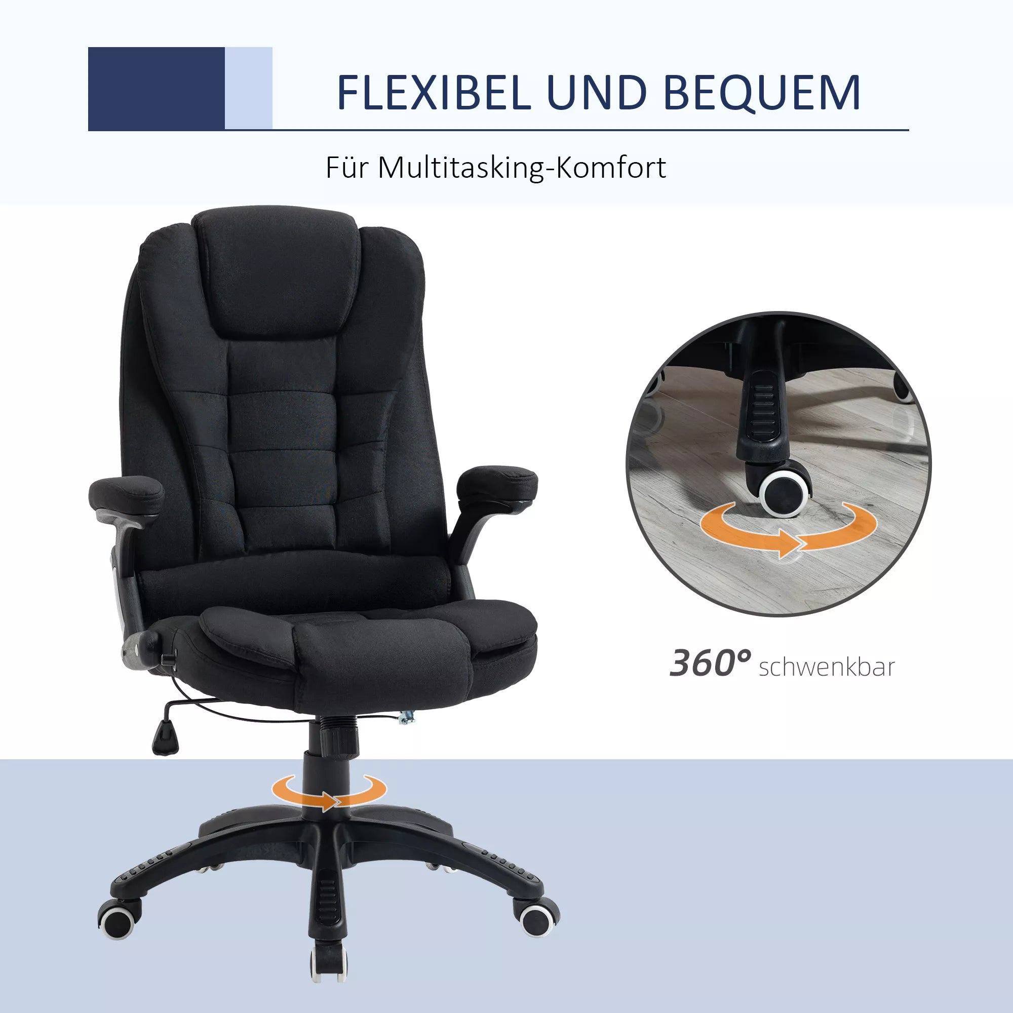 Biuro kėdė, kompiuterio kėdė, atlošiama poilsiui, aukščio reguliavimo rašomojo stalo kėdė, ergonomiška, 360°, putplastis, plastikas, lininis poliesteris, juoda, 65 x 72 x 100-120 cm